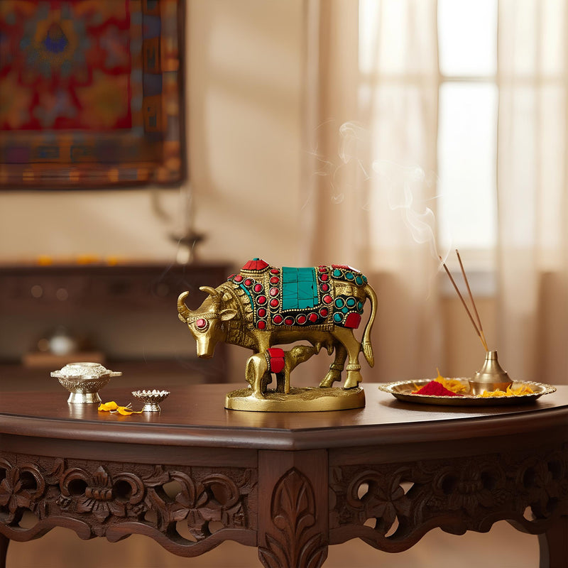 Brass Cow and Calf Statue, Traditional Indian Style Decorative Statue, Premium,15cm x 9cm