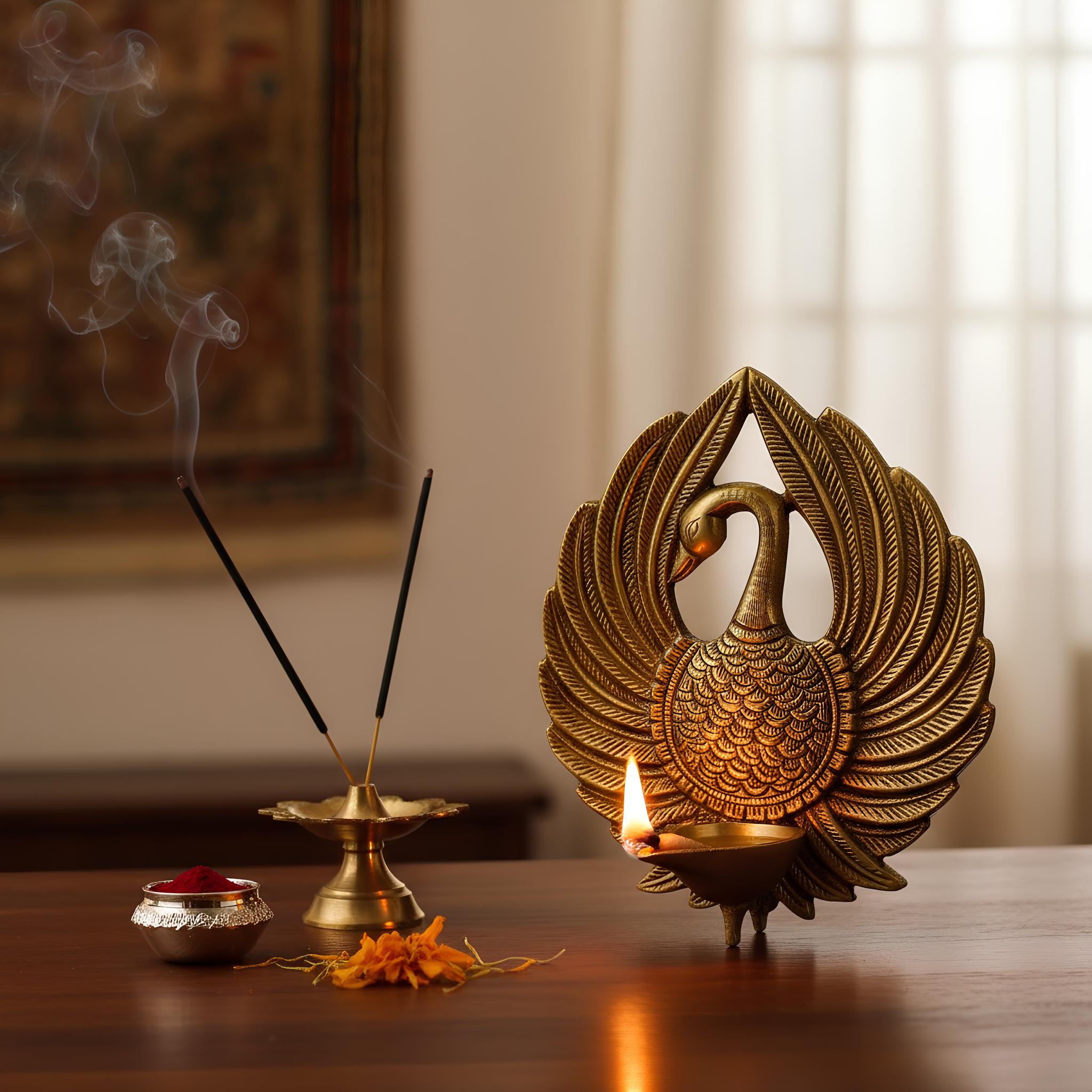 Brass Swan Diya Oil Lamp, Traditional Indian Decorative Tea Light Holder, Gold Finish, 22 x 18 cm, Handcrafted Metal Pooja Deepak