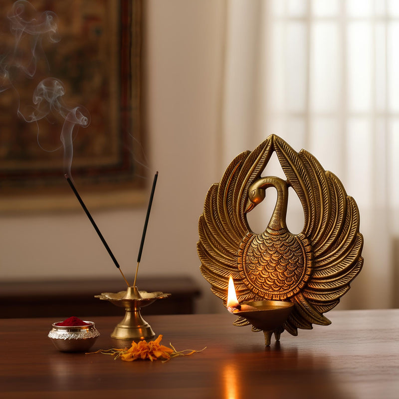 Brass Swan Diya Oil Lamp, Traditional Indian Decorative Tea Light Holder, Gold Finish, 22 x 18 cm, Handcrafted Metal Pooja Deepak
