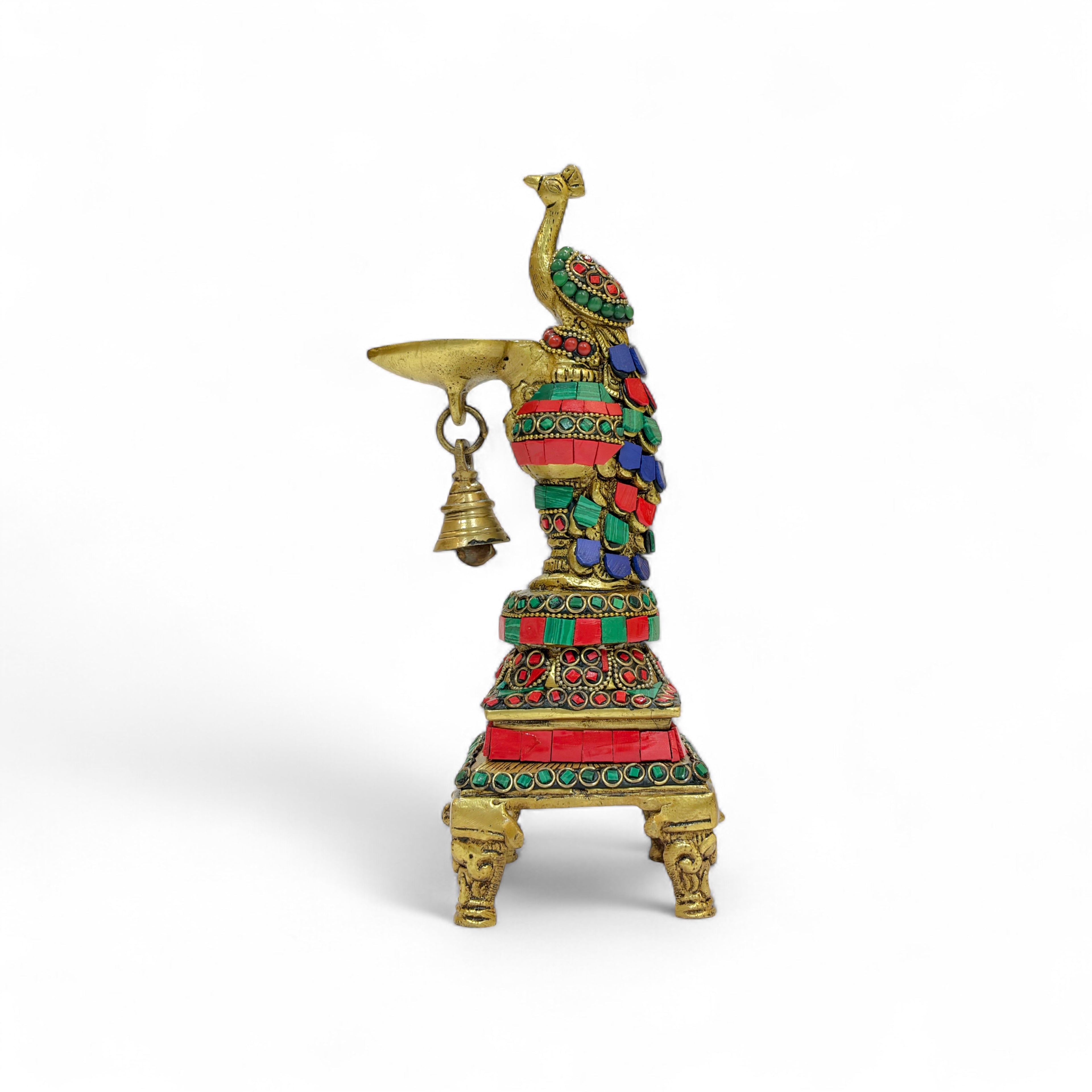 Decorative Peacock Oil Lamp with Bell, Traditional Brass Oil Lamp, Green and Red Stone Work, 26cm Height, Temple Diya for Puja