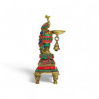 Decorative Peacock Oil Lamp with Bell, Traditional Brass Oil Lamp, Green and Red Stone Work, 26cm Height, Temple Diya for Puja