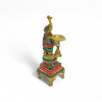 Decorative Peacock Oil Lamp with Bell, Traditional Brass Oil Lamp, Green and Red Stone Work, 26cm Height, Temple Diya for Puja