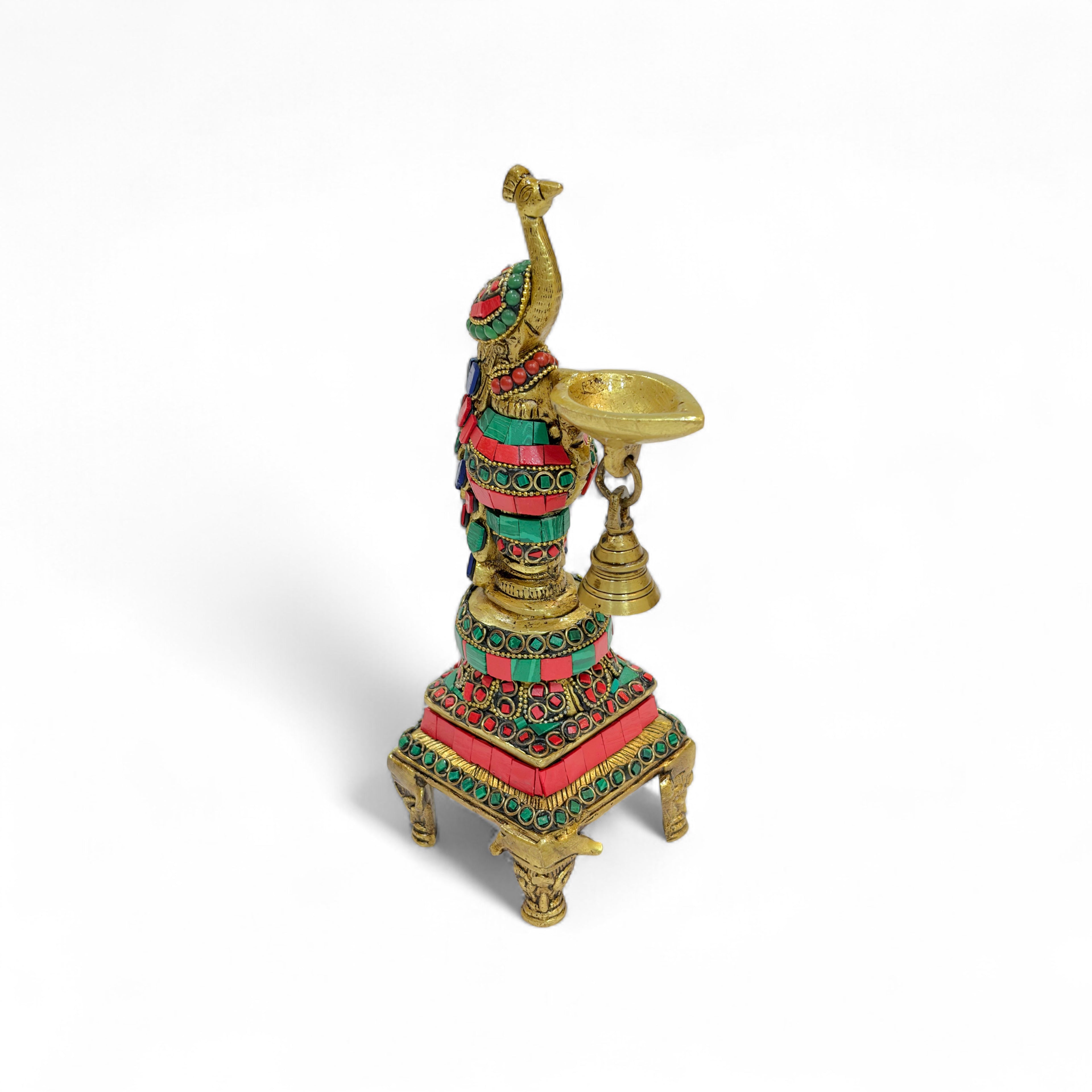 Decorative Peacock Oil Lamp with Bell, Traditional Brass Oil Lamp, Green and Red Stone Work, 26cm Height, Temple Diya for Puja