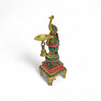 Decorative Peacock Oil Lamp with Bell, Traditional Brass Oil Lamp, Green and Red Stone Work, 26cm Height, Temple Diya for Puja