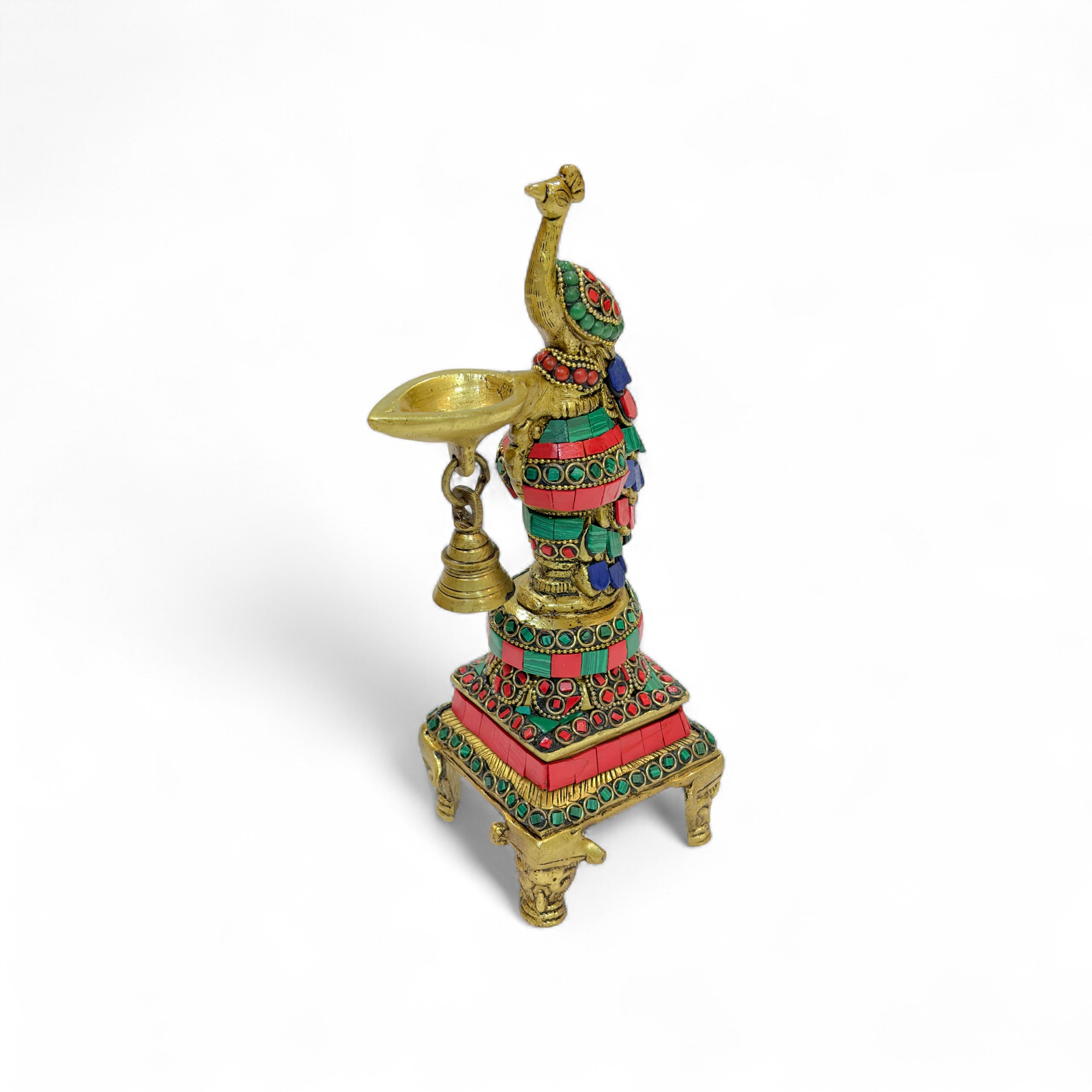 Decorative Peacock Oil Lamp with Bell, Traditional Brass Oil Lamp, Green and Red Stone Work, 26cm Height, Temple Diya for Puja