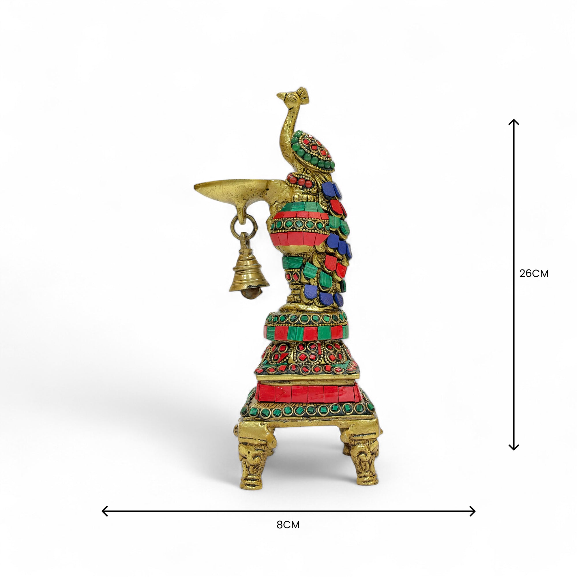 Decorative Peacock Oil Lamp with Bell, Traditional Brass Oil Lamp, Green and Red Stone Work, 26cm Height, Temple Diya for Puja
