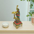 Decorative Peacock Oil Lamp with Bell, Traditional Brass Oil Lamp, Green and Red Stone Work, 26cm Height, Temple Diya for Puja