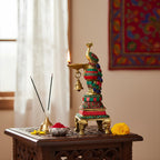 Decorative Peacock Oil Lamp with Bell, Traditional Brass Oil Lamp, Green and Red Stone Work, 26cm Height, Temple Diya for Puja