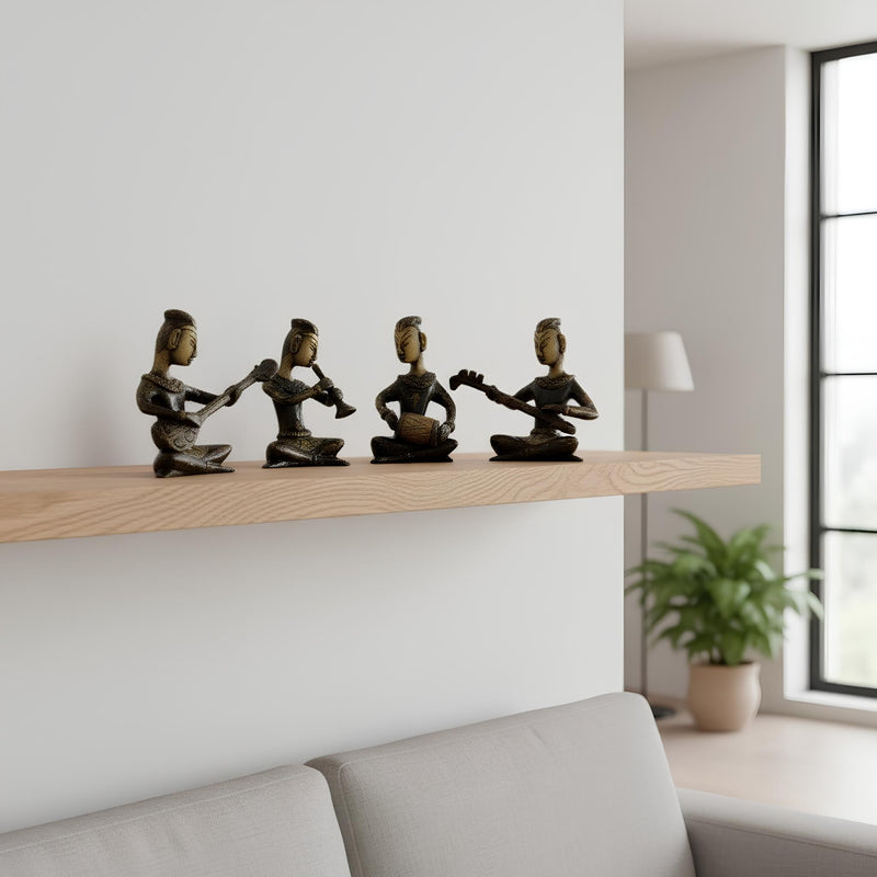 Antique Seated Musician Quartet, Traditional Statues, Decorative Home Decor, Shelf Display Art Pieces, 4 Piece Collection