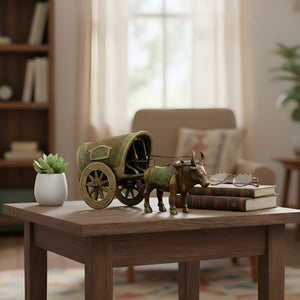 Vintage Brass Bull Cart Figurine, Traditional Indian Home Decor, Antique Bronze Finish, Decorative Metal Bullock Cart Sculpture, 18x9 cm