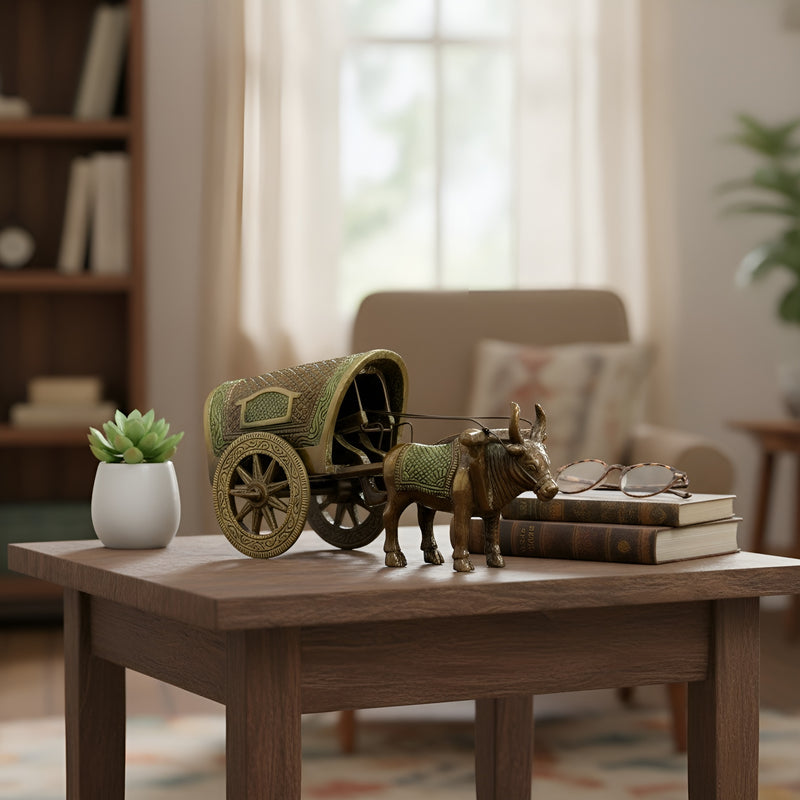 Vintage Brass Bull Cart Figurine, Traditional Indian Home Decor, Antique Bronze Finish, Decorative Metal Bullock Cart Sculpture, 18x9 cm