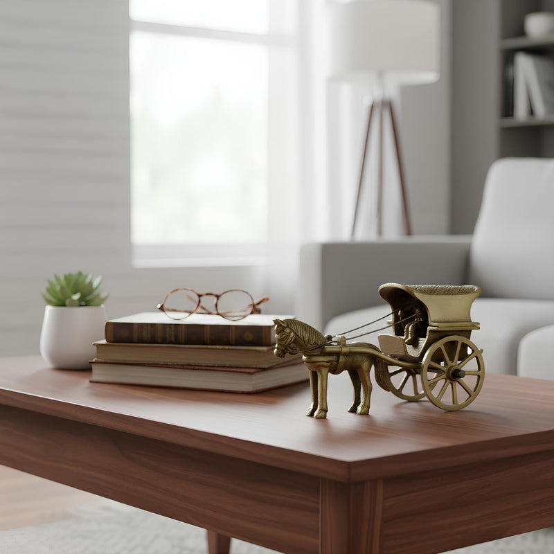 Vintage Brass Horse Cart Decorative Figurine, Brass Home Decor, Gold Finish, 12cm x 8cm, Traditional Design