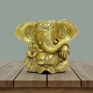 Vighnaharta Brass Statue, Decorative Brass Figurine, Religious Hindu Art Sculpture, 15 x 12 cm