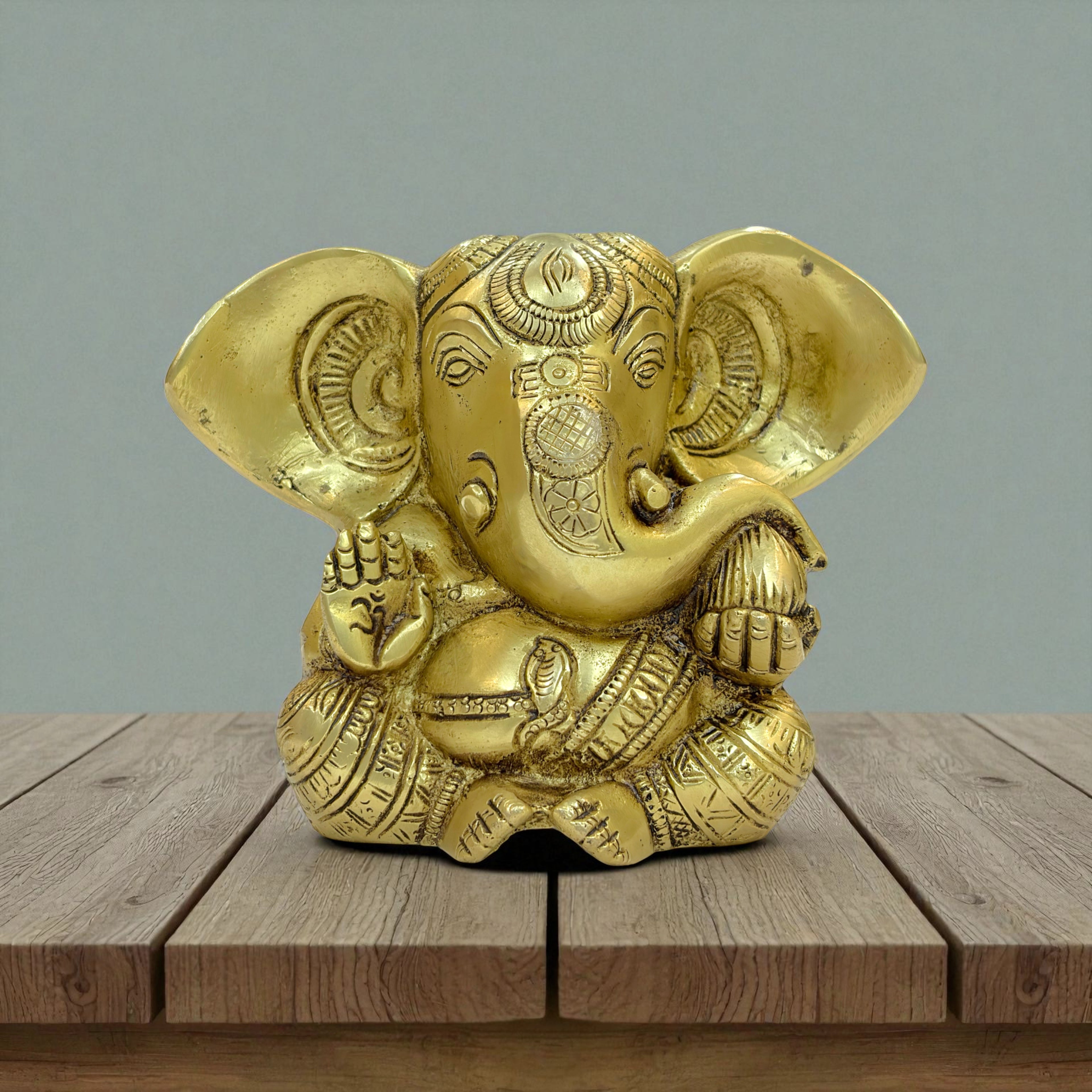 Vighnaharta Brass Statue, Decorative Brass Figurine, Religious Hindu Art Sculpture, 15 x 12 cm