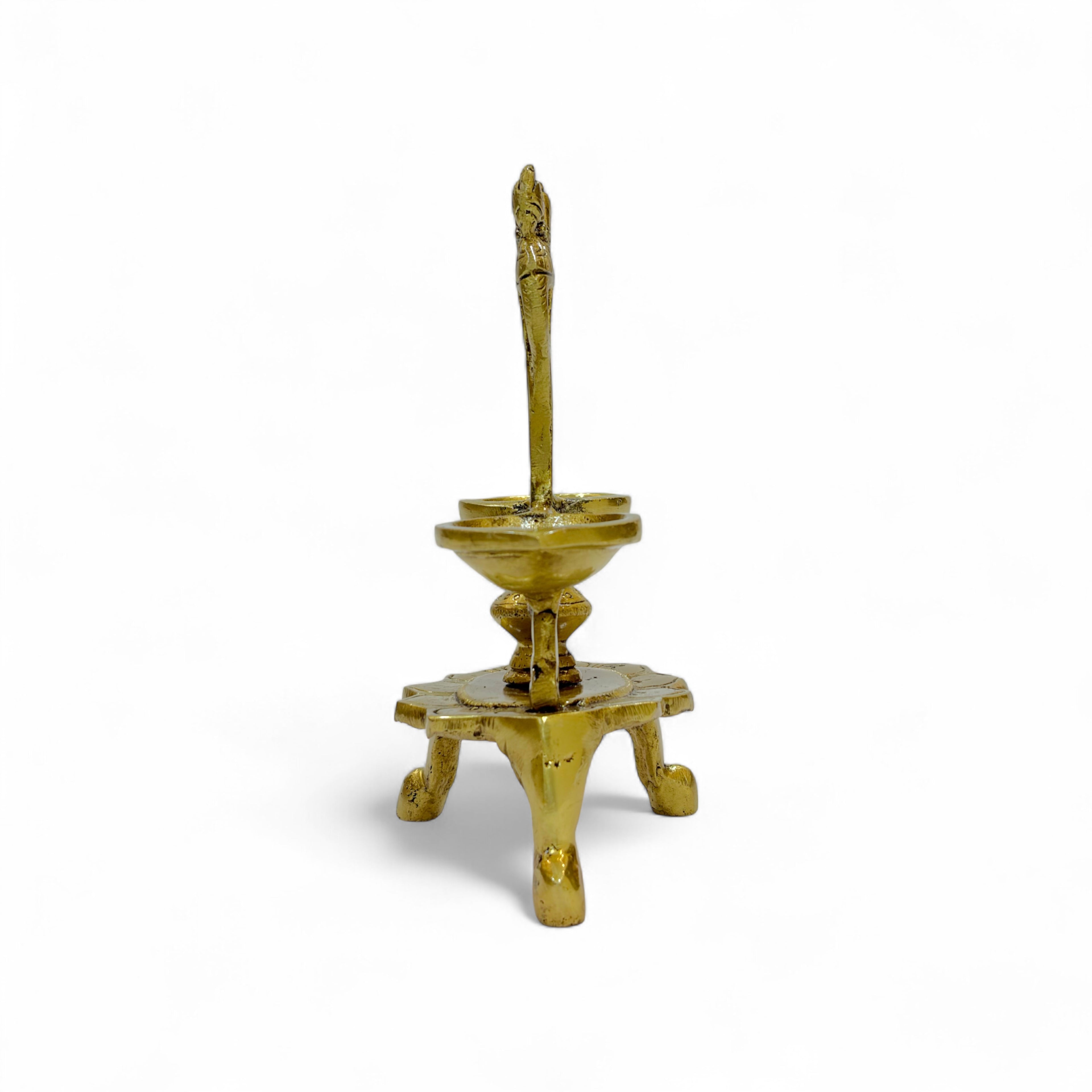 Brass Twin-Flame Lamp, Traditional Oil Lamp Holder, Antique Gold Finish, 19 x 16 cm, Decorative Puja Accessory