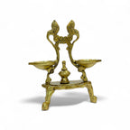 Brass Twin-Flame Lamp, Traditional Oil Lamp Holder, Antique Gold Finish, 19 x 16 cm, Decorative Puja Accessory