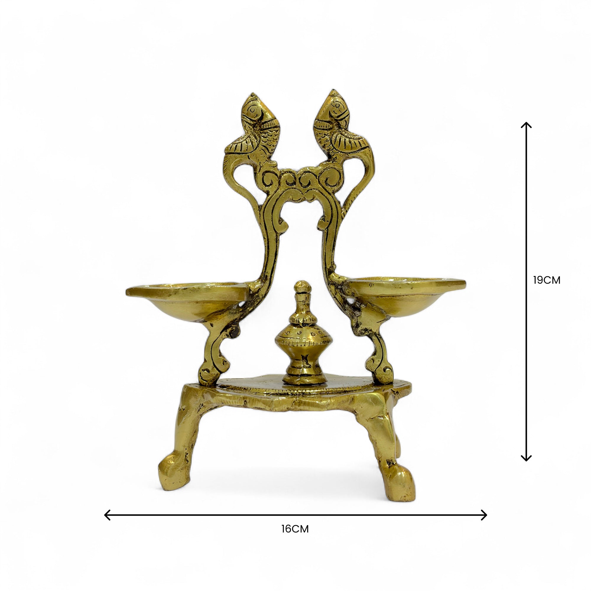Brass Twin-Flame Lamp, Traditional Oil Lamp Holder, Antique Gold Finish, 19 x 16 cm, Decorative Puja Accessory