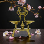 Brass Twin-Flame Lamp, Traditional Oil Lamp Holder, Antique Gold Finish, 19 x 16 cm, Decorative Puja Accessory