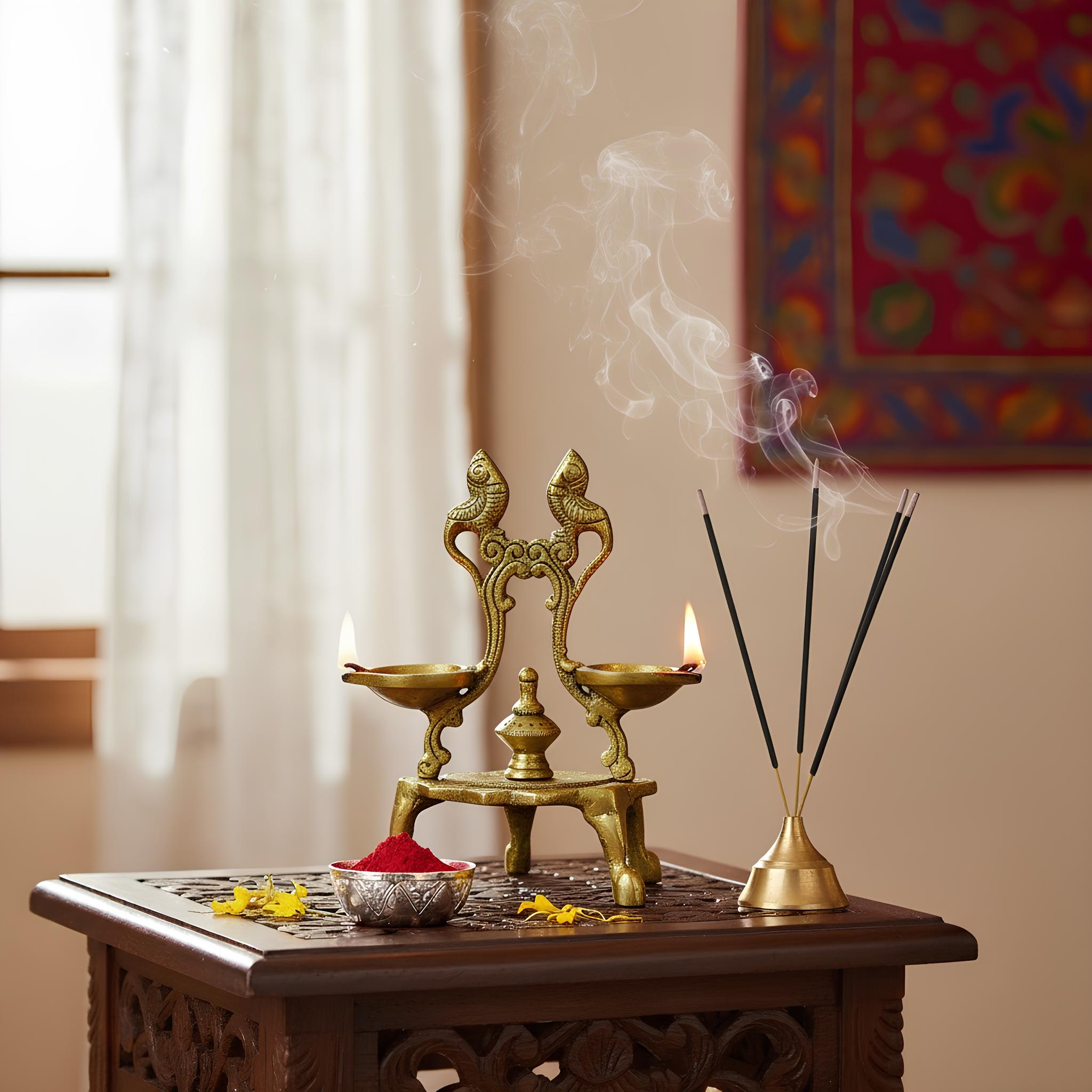 Brass Twin-Flame Lamp, Traditional Oil Lamp Holder, Antique Gold Finish, 19 x 16 cm, Decorative Puja Accessory