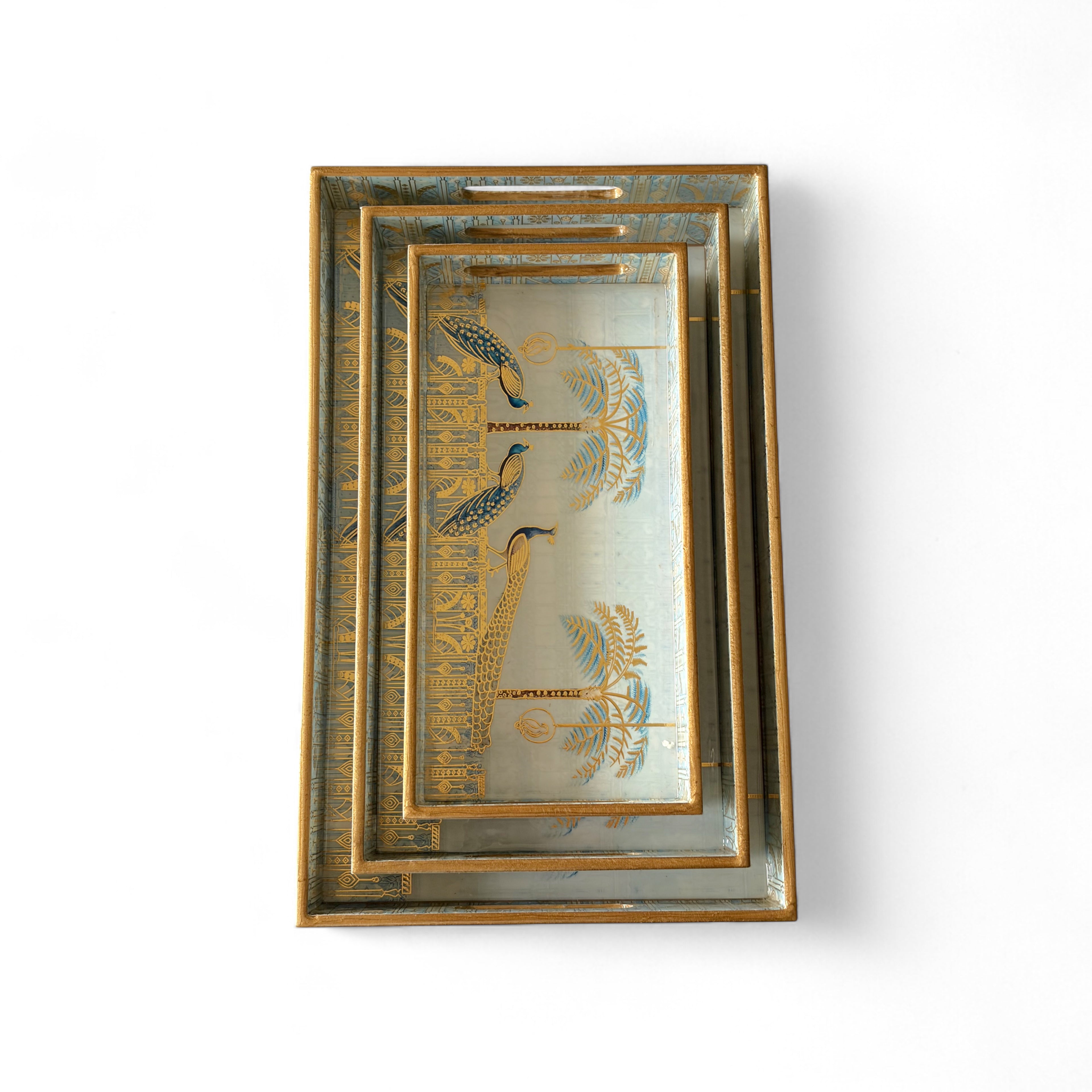 Regal Peacock Gold Tray Set, Traditional Art Design, Nested Storage Trays, 40x25x5 cm, Blue and Gold