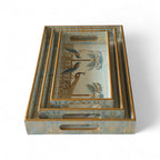 Regal Peacock Gold Tray Set, Traditional Art Design, Nested Storage Trays, 40x25x5 cm, Blue and Gold