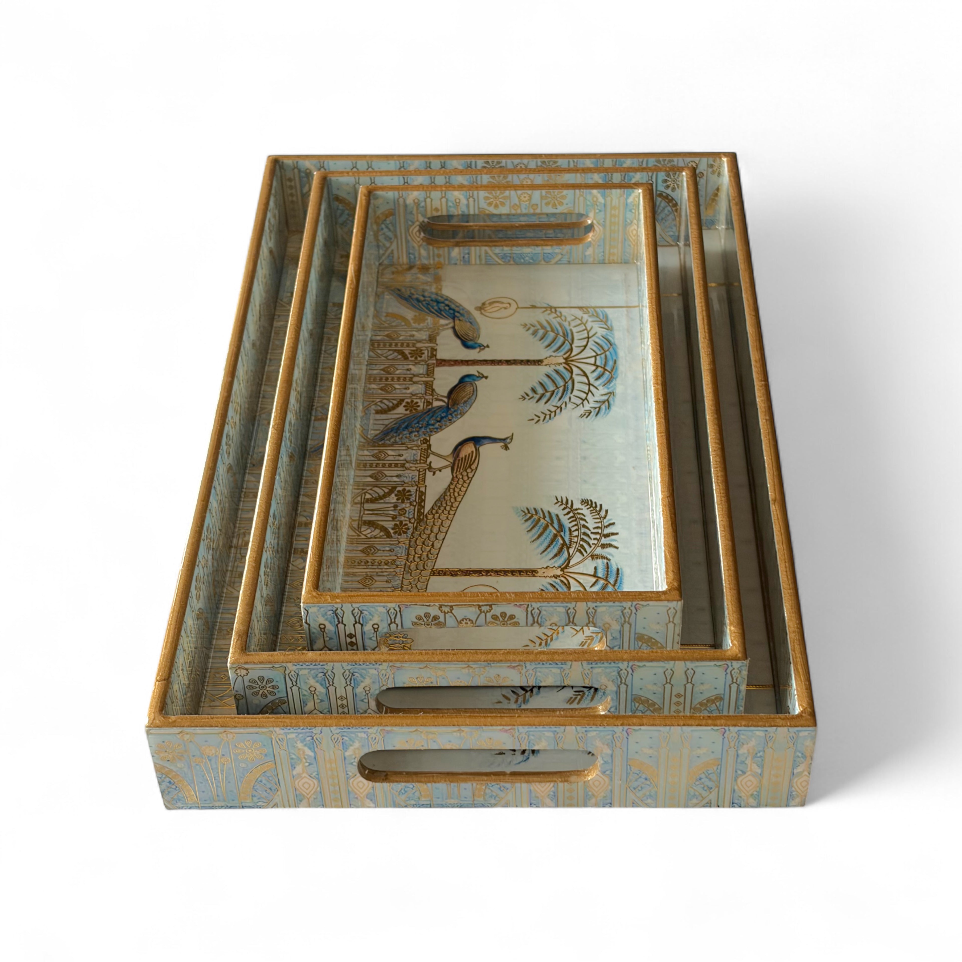 Regal Peacock Gold Tray Set, Traditional Art Design, Nested Storage Trays, 40x25x5 cm, Blue and Gold