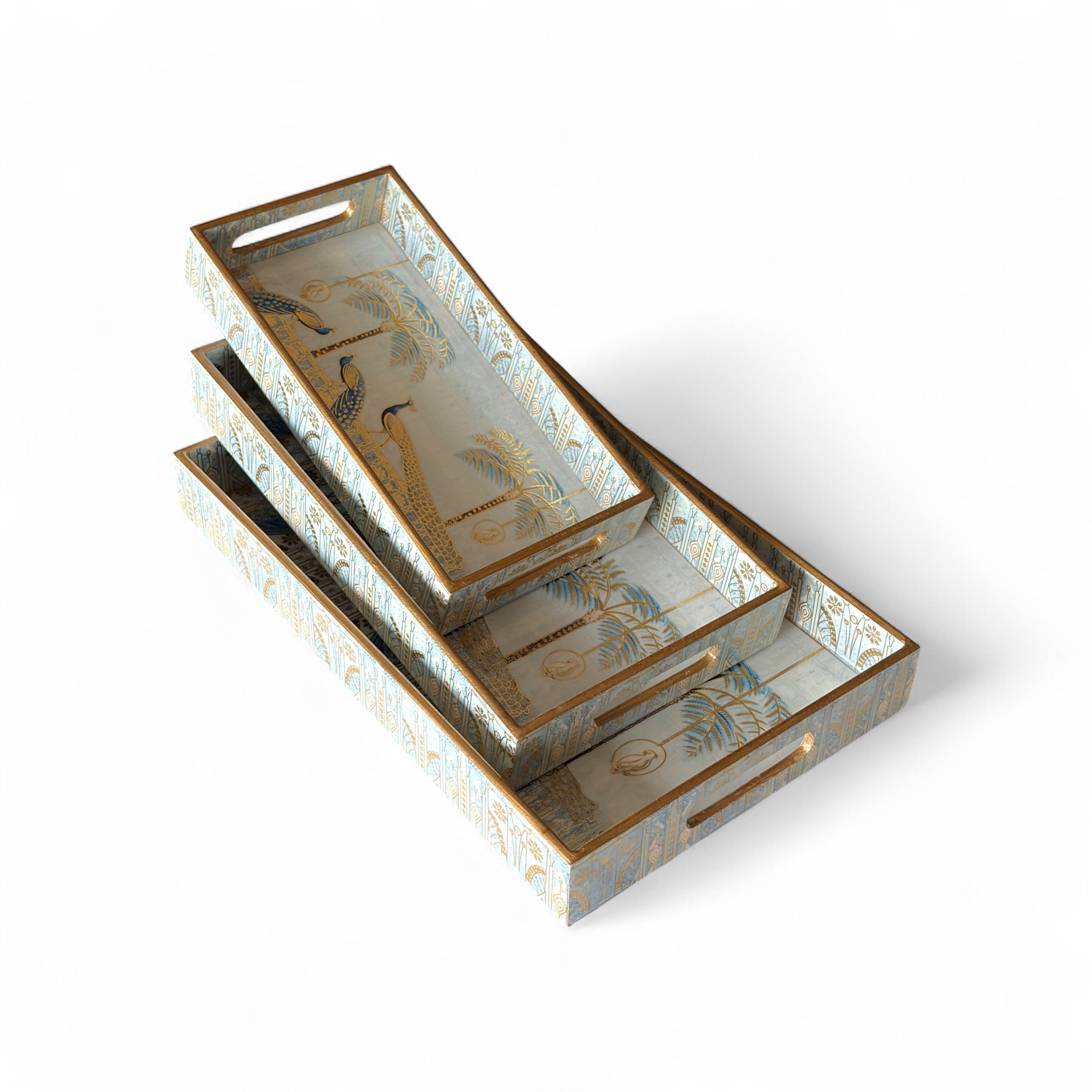 Regal Peacock Gold Tray Set, Traditional Art Design, Nested Storage Trays, 40x25x5 cm, Blue and Gold