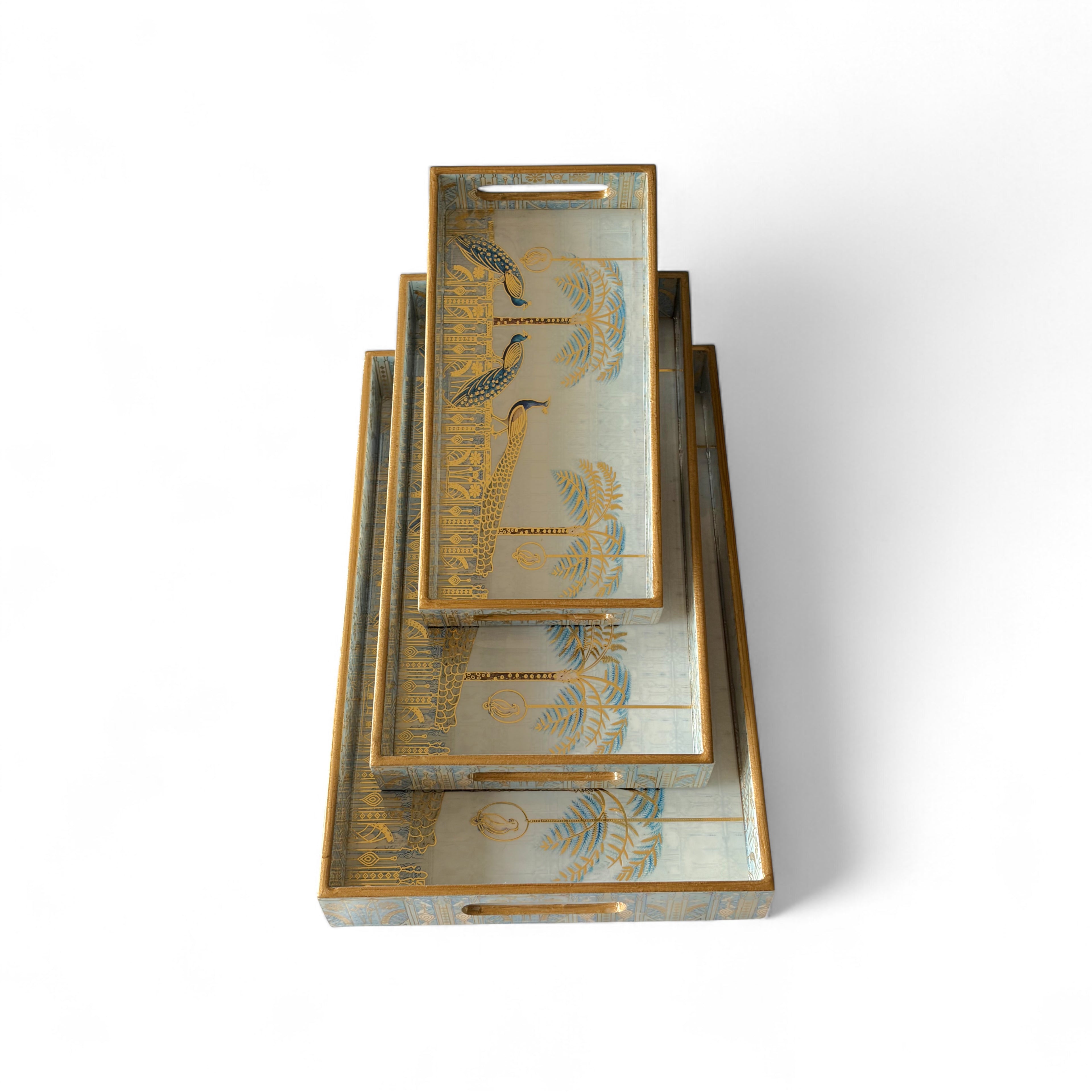 Regal Peacock Gold Tray Set, Traditional Art Design, Nested Storage Trays, 40x25x5 cm, Blue and Gold