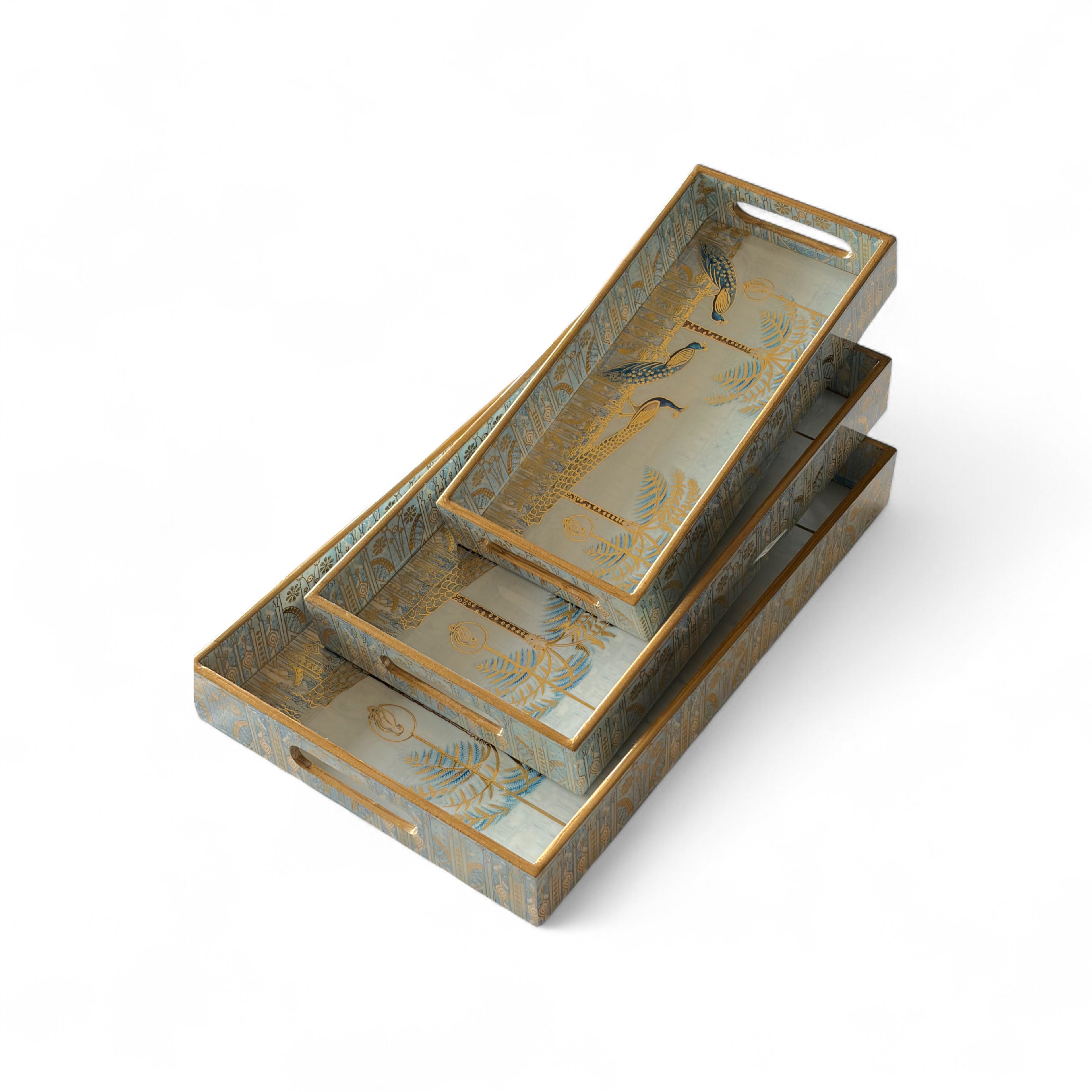 Regal Peacock Gold Tray Set, Traditional Art Design, Nested Storage Trays, 40x25x5 cm, Blue and Gold