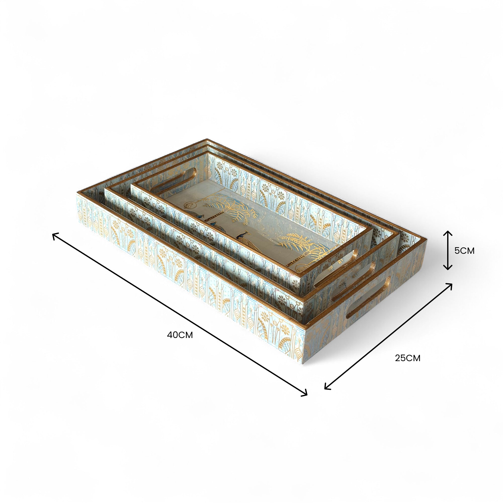Regal Peacock Gold Tray Set, Traditional Art Design, Nested Storage Trays, 40x25x5 cm, Blue and Gold