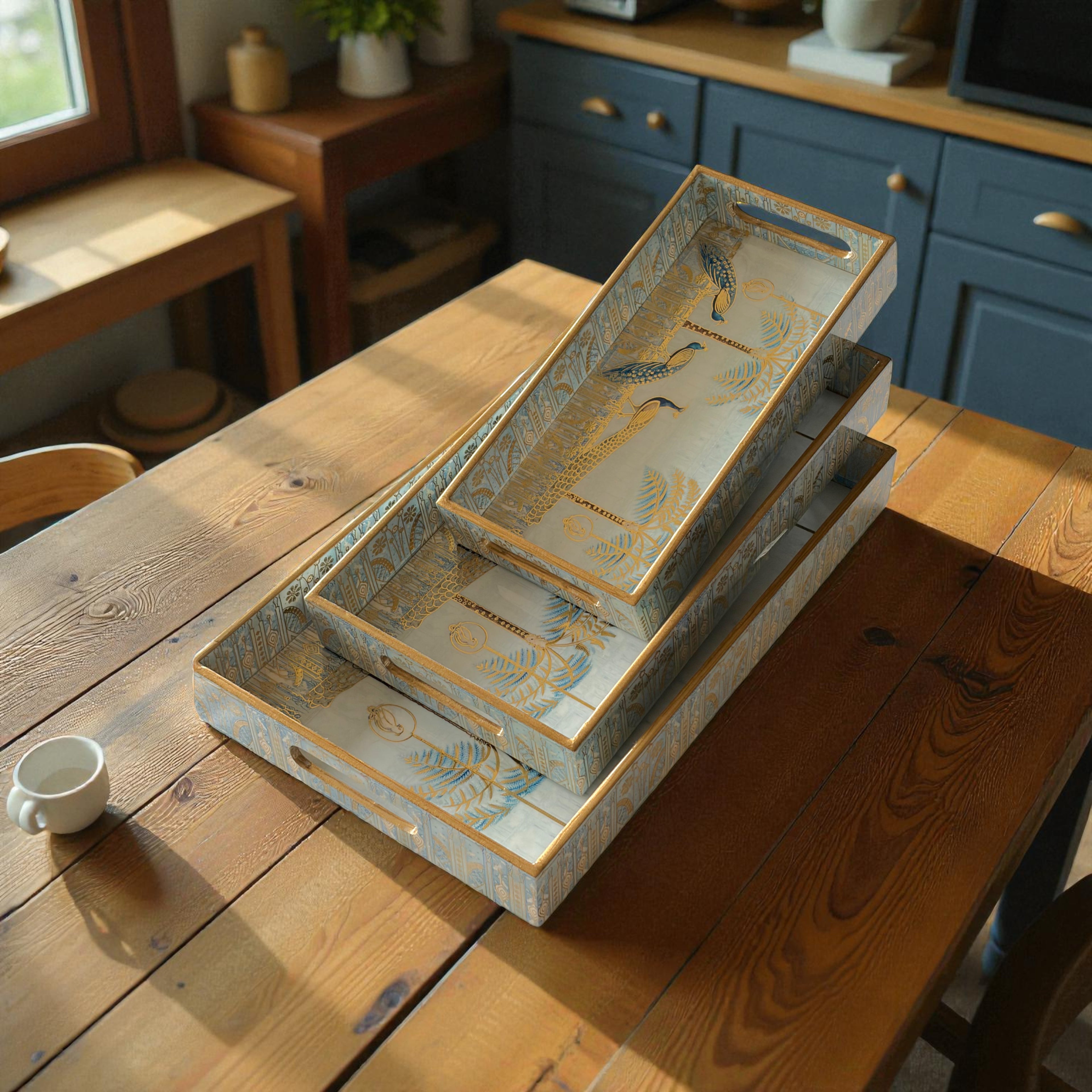 Regal Peacock Gold Tray Set, Traditional Art Design, Nested Storage Trays, 40x25x5 cm, Blue and Gold