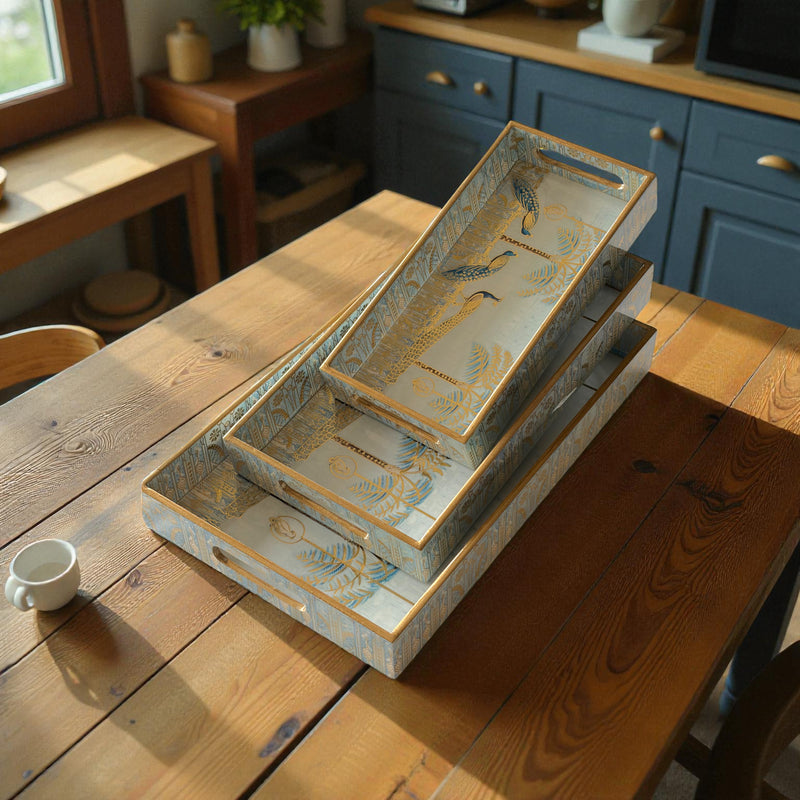 Regal Peacock Gold Tray Set, Traditional Art Design, Nested Storage Trays, 40x25x5 cm, Blue and Gold