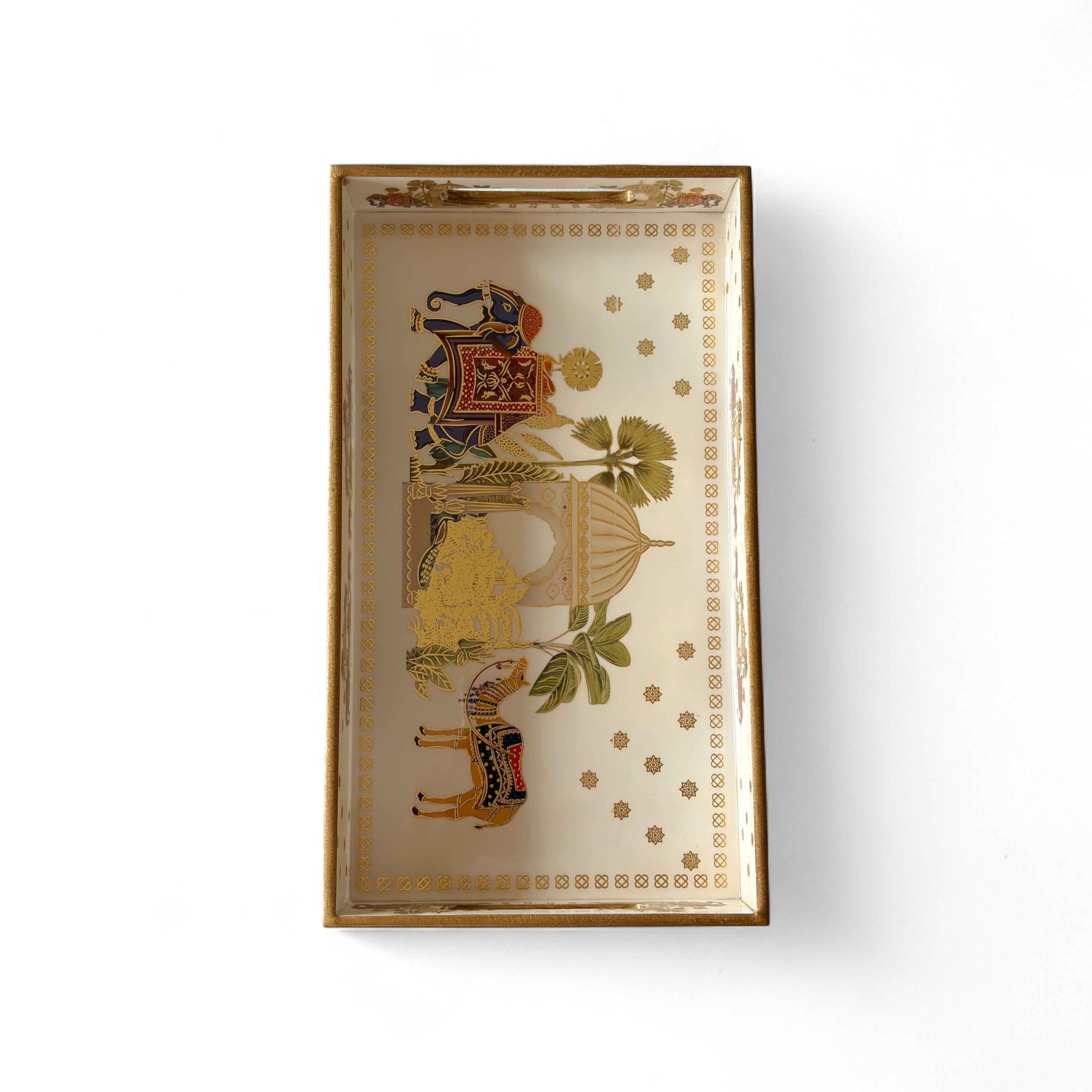 Royal Safari Elephant & Camel Tray Set, Oriental Design, White with Gold Accents, 40x25x5 cm, Tiered Storage Organizer