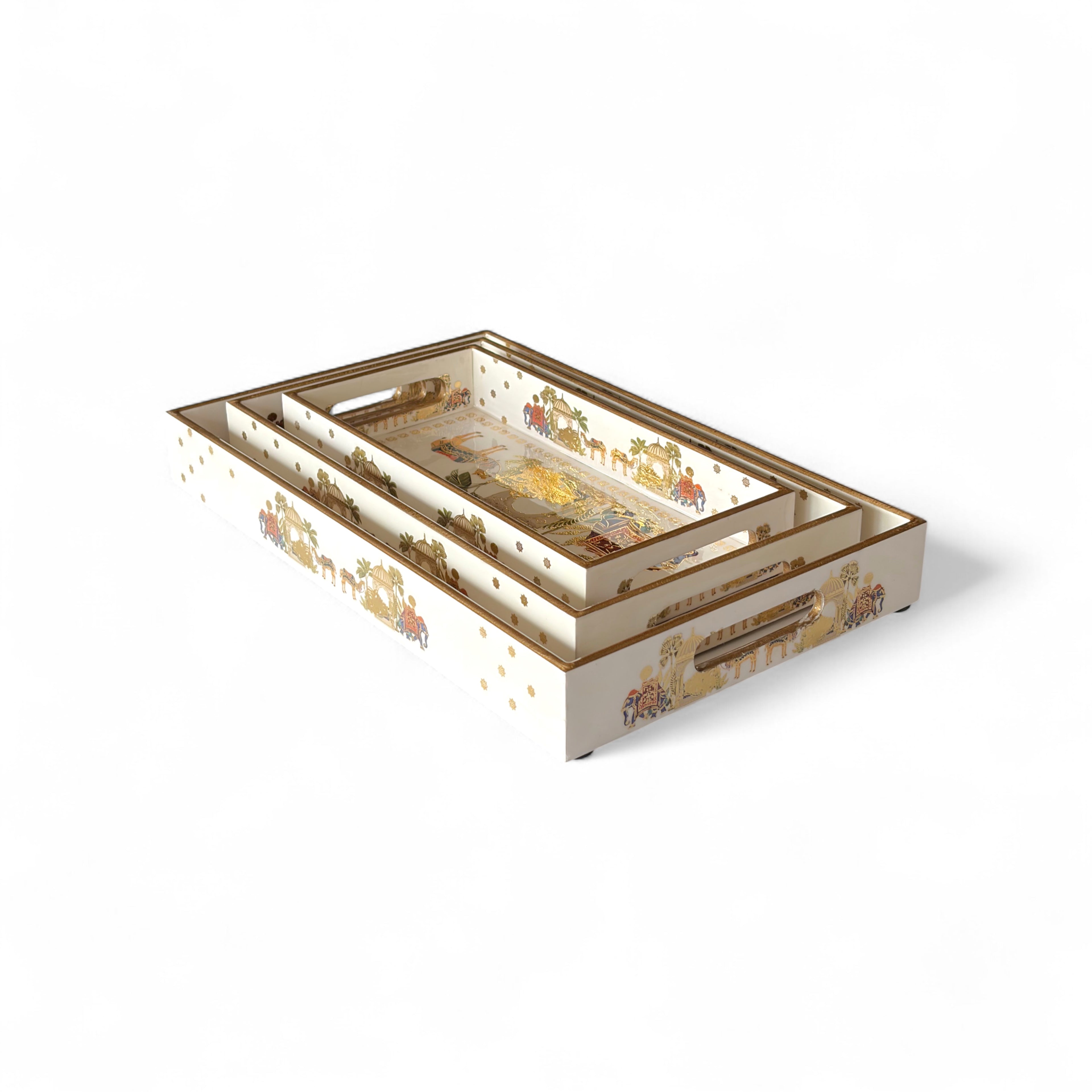 Royal Safari Elephant & Camel Tray Set, Oriental Design, White with Gold Accents, 40x25x5 cm, Tiered Storage Organizer
