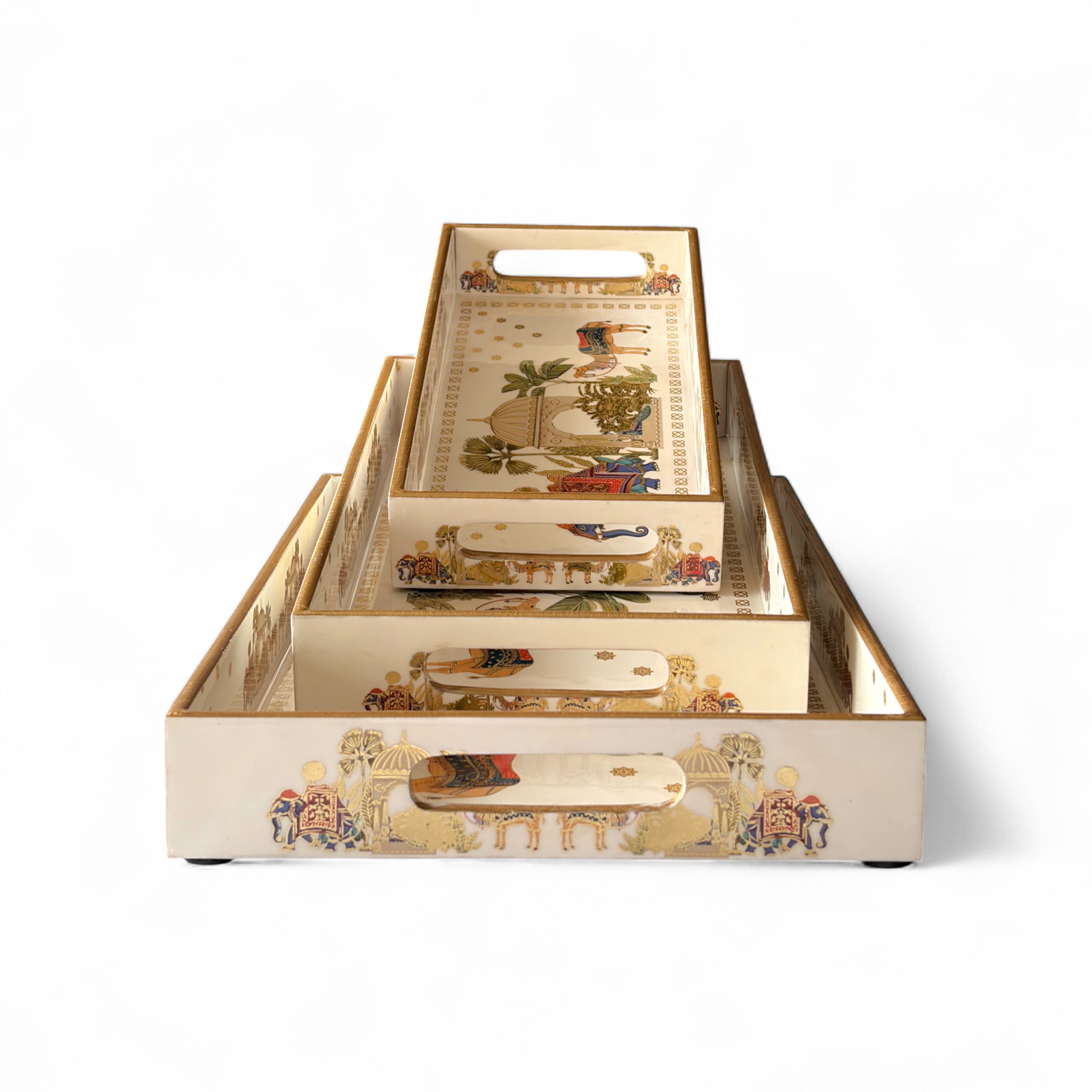 Royal Safari Elephant & Camel Tray Set, Oriental Design, White with Gold Accents, 40x25x5 cm, Tiered Storage Organizer