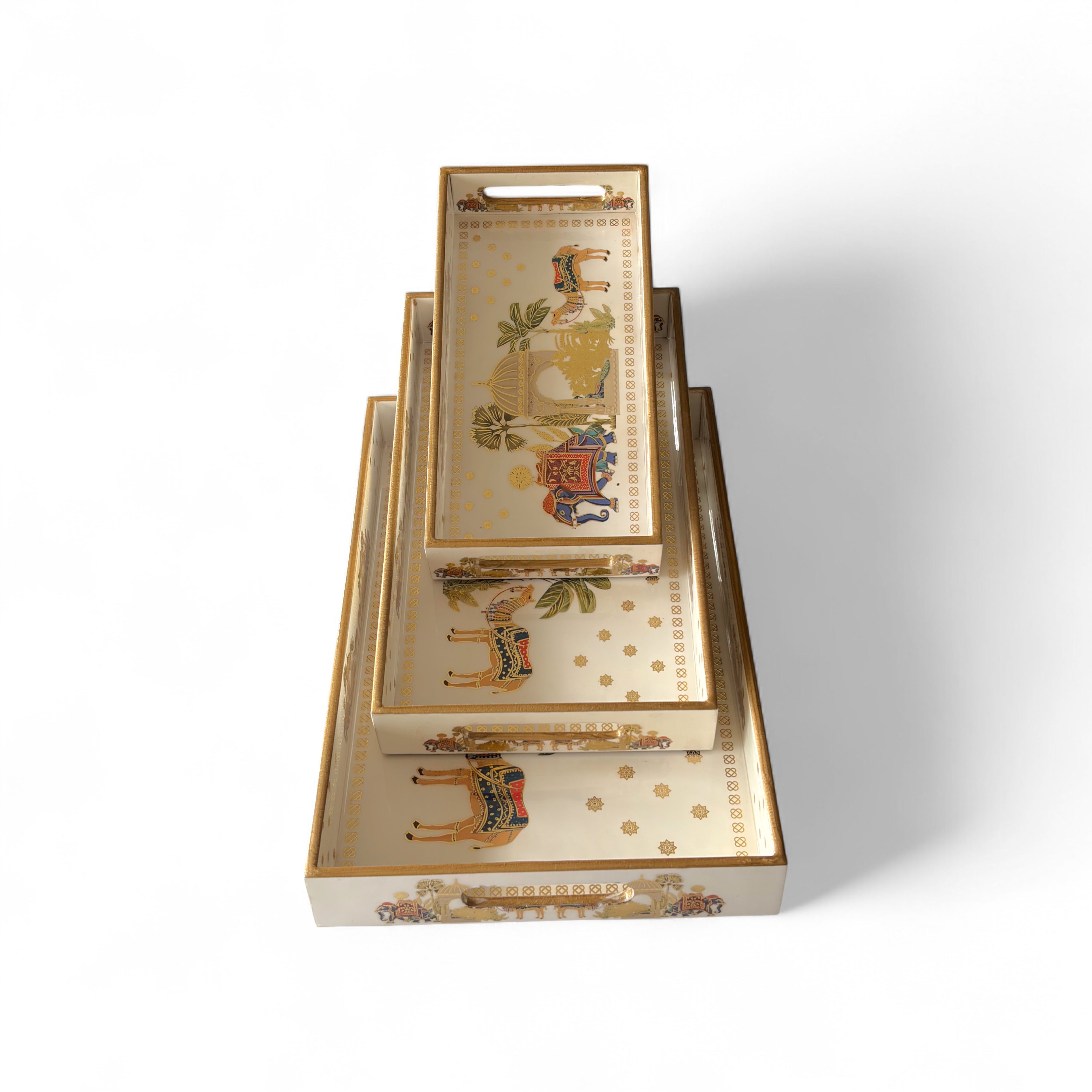Royal Safari Elephant & Camel Tray Set, Oriental Design, White with Gold Accents, 40x25x5 cm, Tiered Storage Organizer