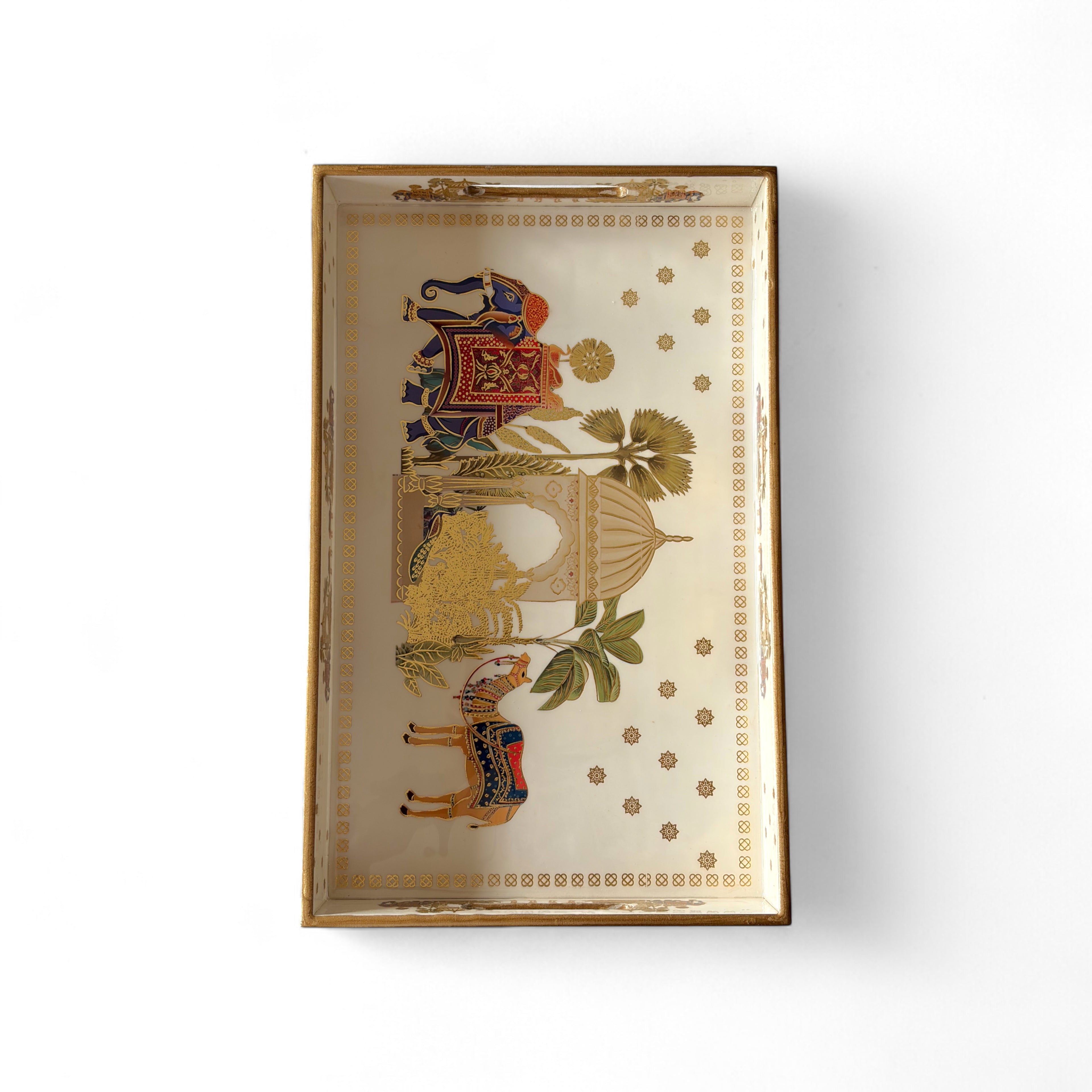 Royal Safari Elephant & Camel Tray Set, Oriental Design, White with Gold Accents, 40x25x5 cm, Tiered Storage Organizer