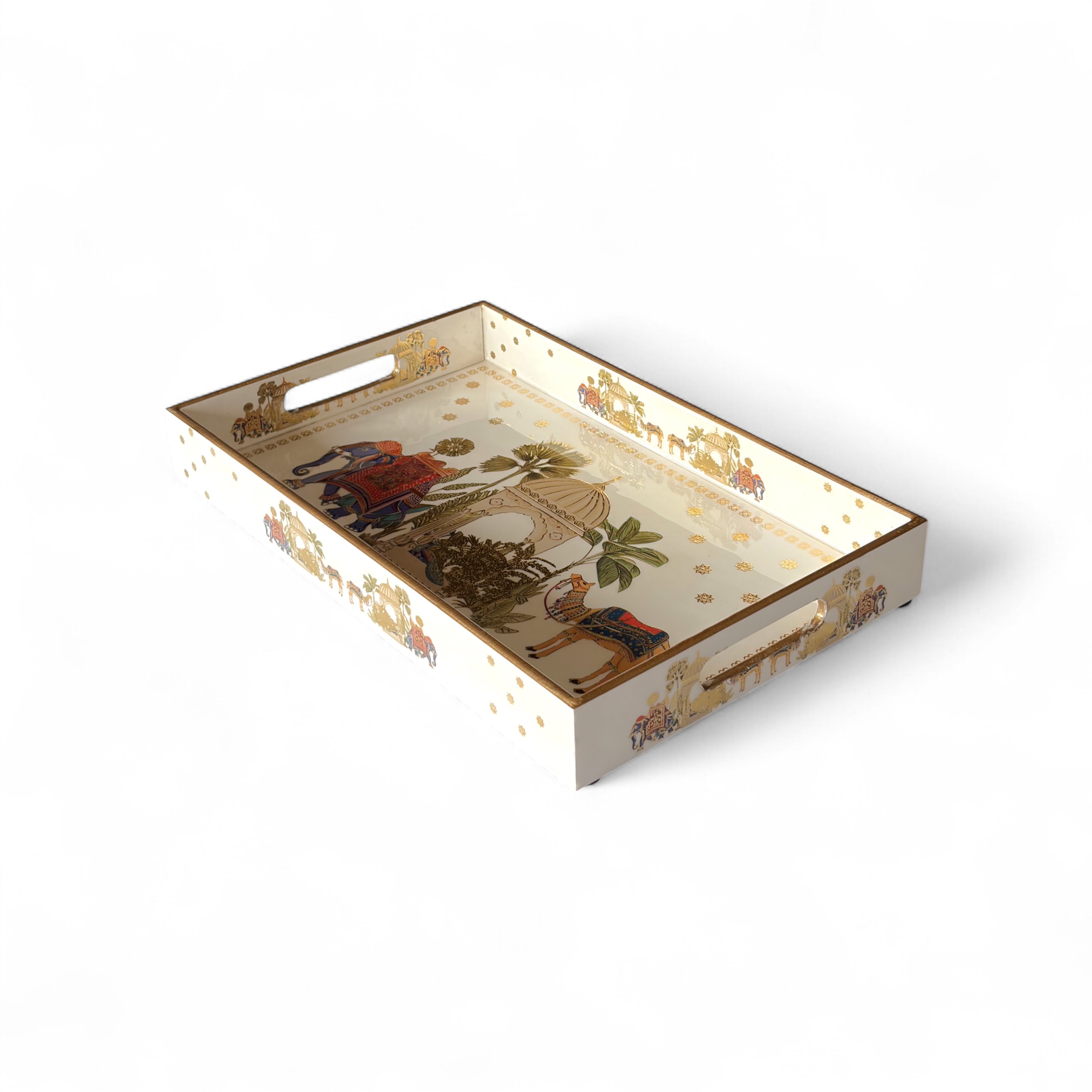 Royal Safari Elephant & Camel Tray Set, Oriental Design, White with Gold Accents, 40x25x5 cm, Tiered Storage Organizer