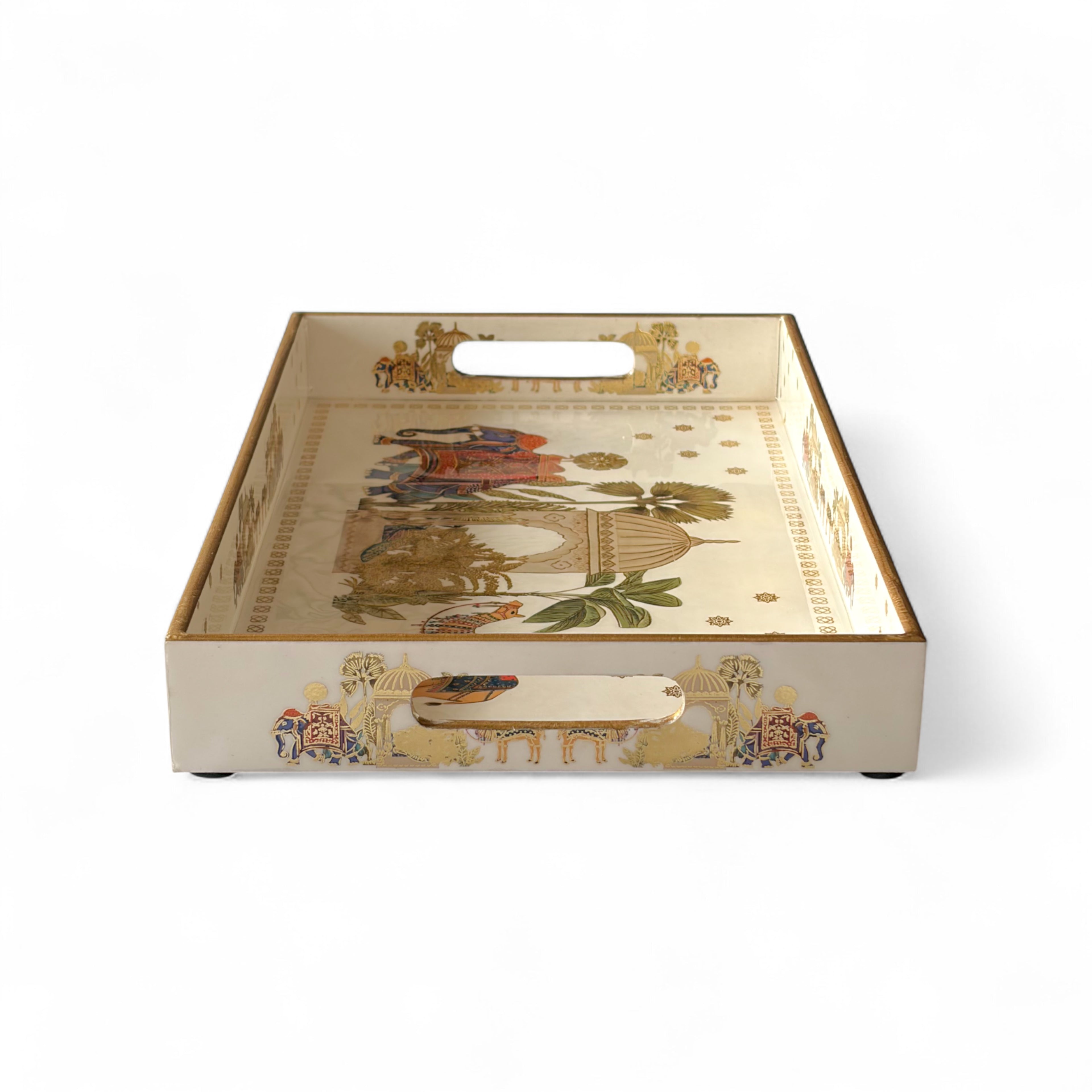 Royal Safari Elephant & Camel Tray Set, Oriental Design, White with Gold Accents, 40x25x5 cm, Tiered Storage Organizer