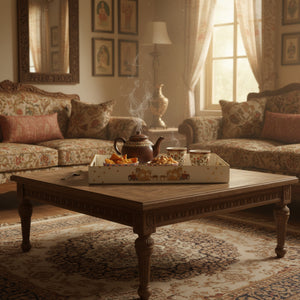 Royal Safari Elephant & Camel Tray Set, Oriental Design, White with Gold Accents, 40x25x5 cm, Tiered Storage Organizer