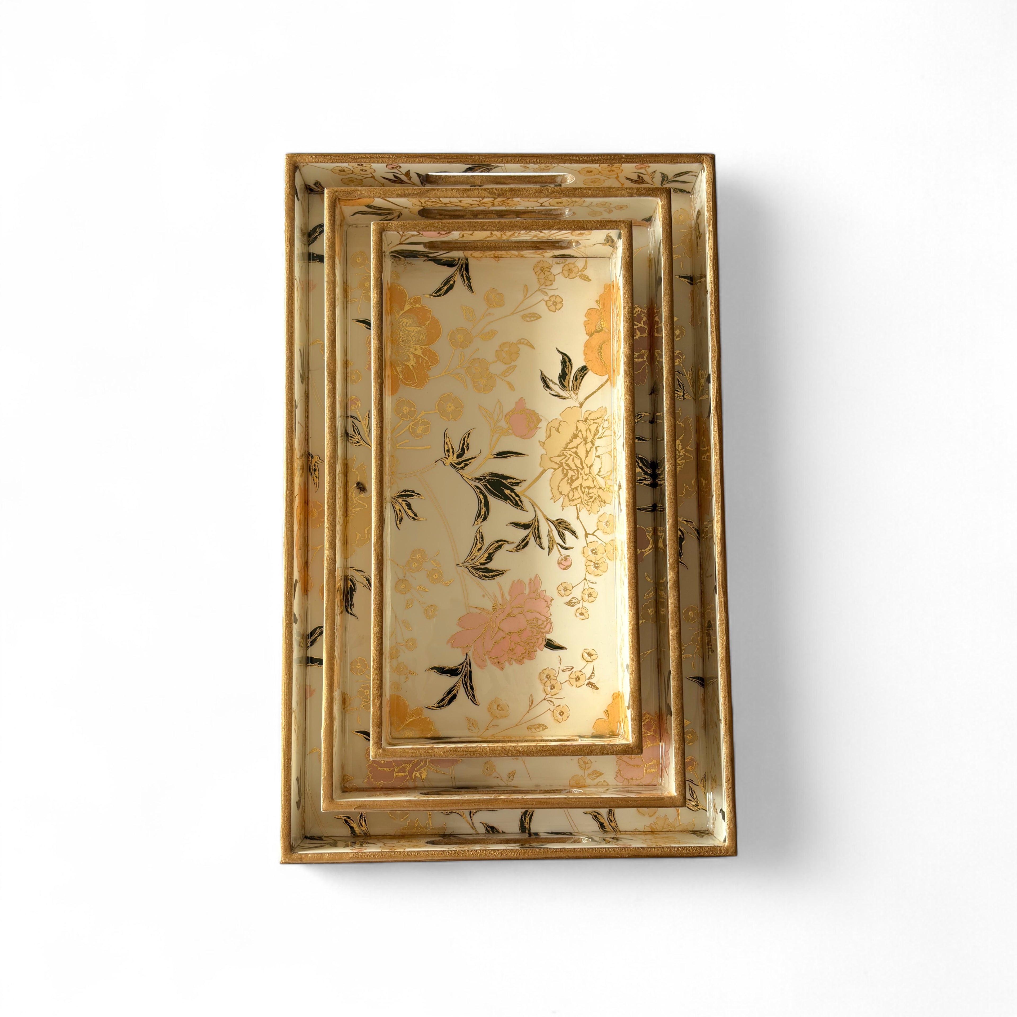 Elegant Floral Charm Tray Set, Gold Trim, Cream with Botanical Pattern, 40x25x5cm, Kitchen Counter Organization