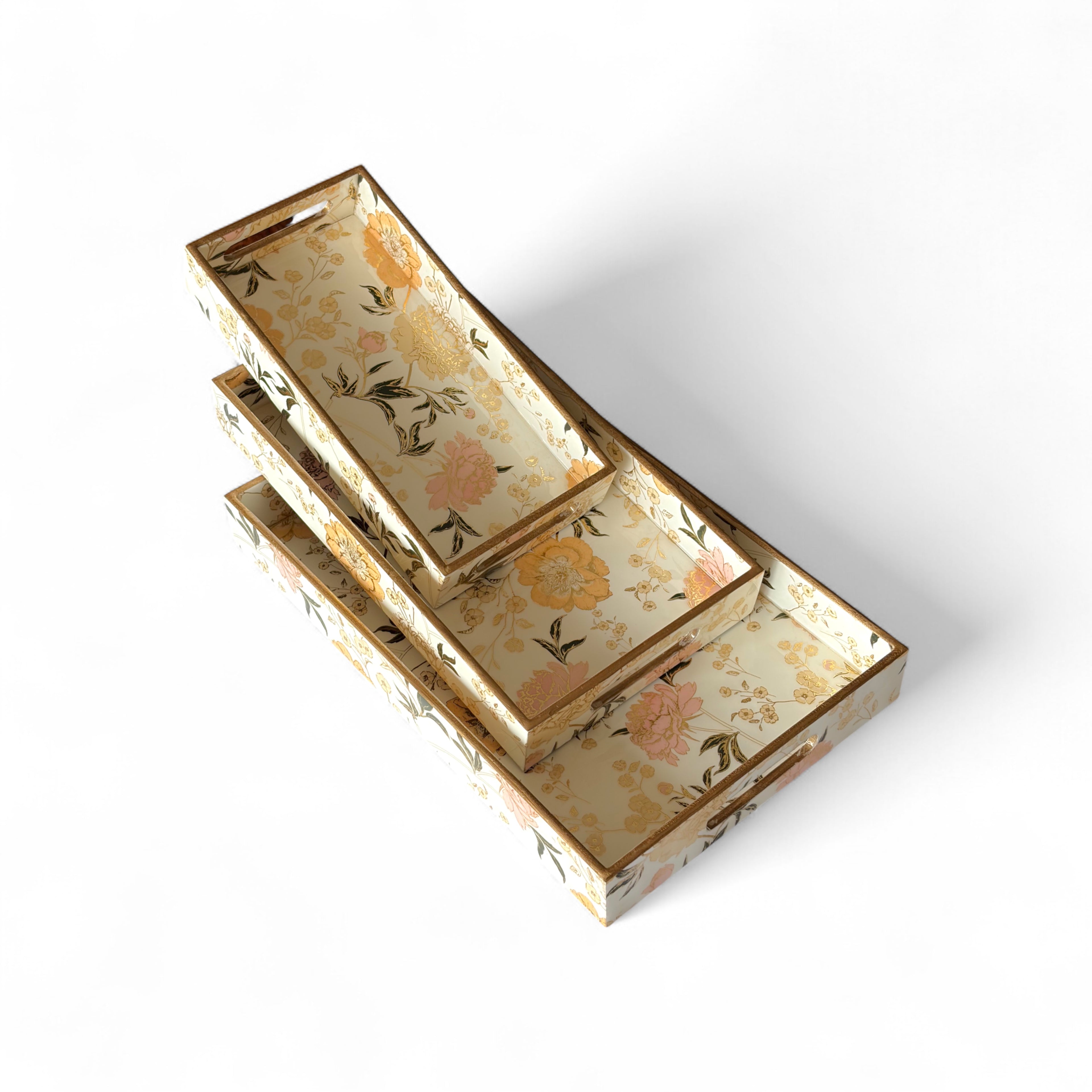 Elegant Floral Charm Tray Set, Gold Trim, Cream with Botanical Pattern, 40x25x5cm, Kitchen Counter Organization