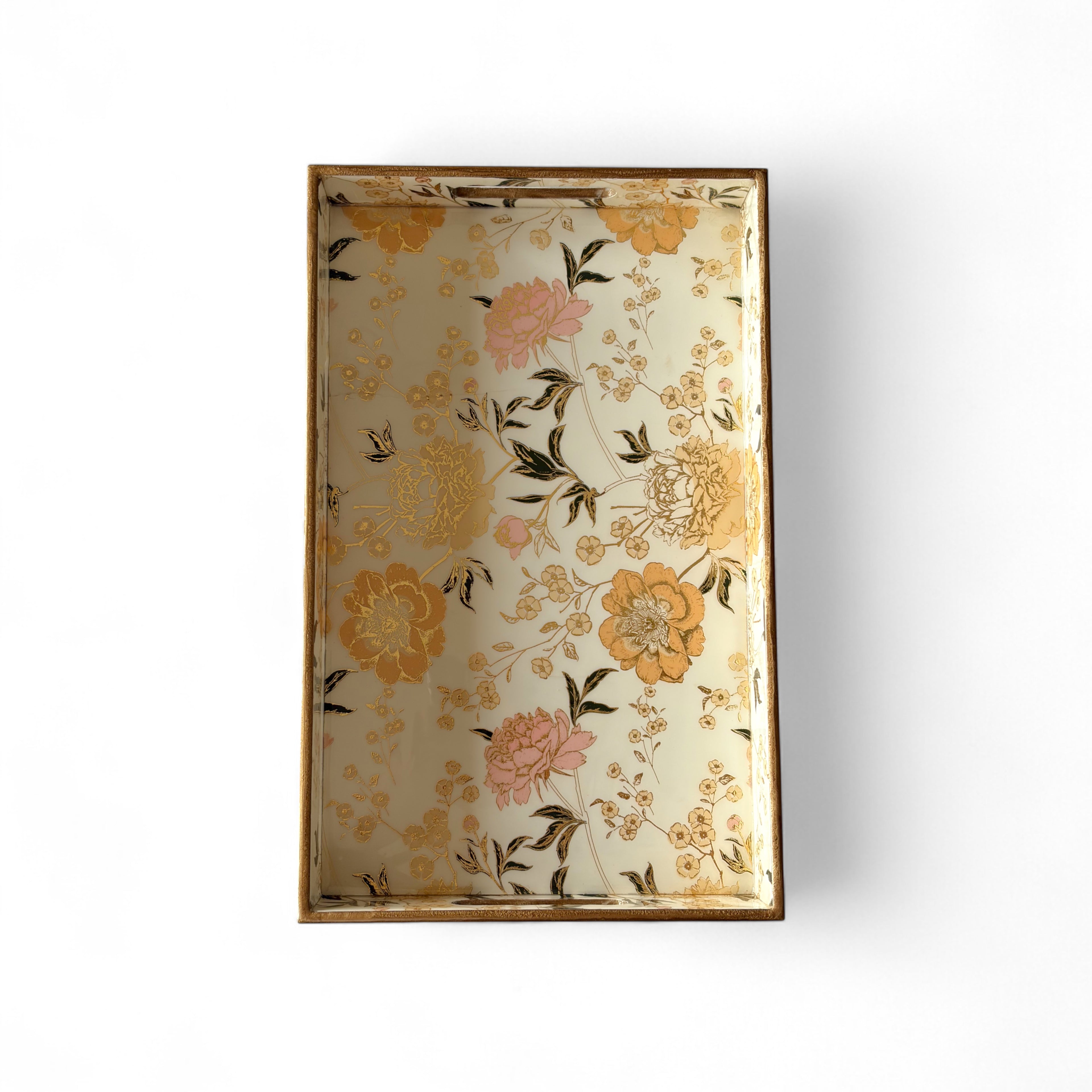 Elegant Floral Charm Tray Set, Gold Trim, Cream with Botanical Pattern, 40x25x5cm, Kitchen Counter Organization