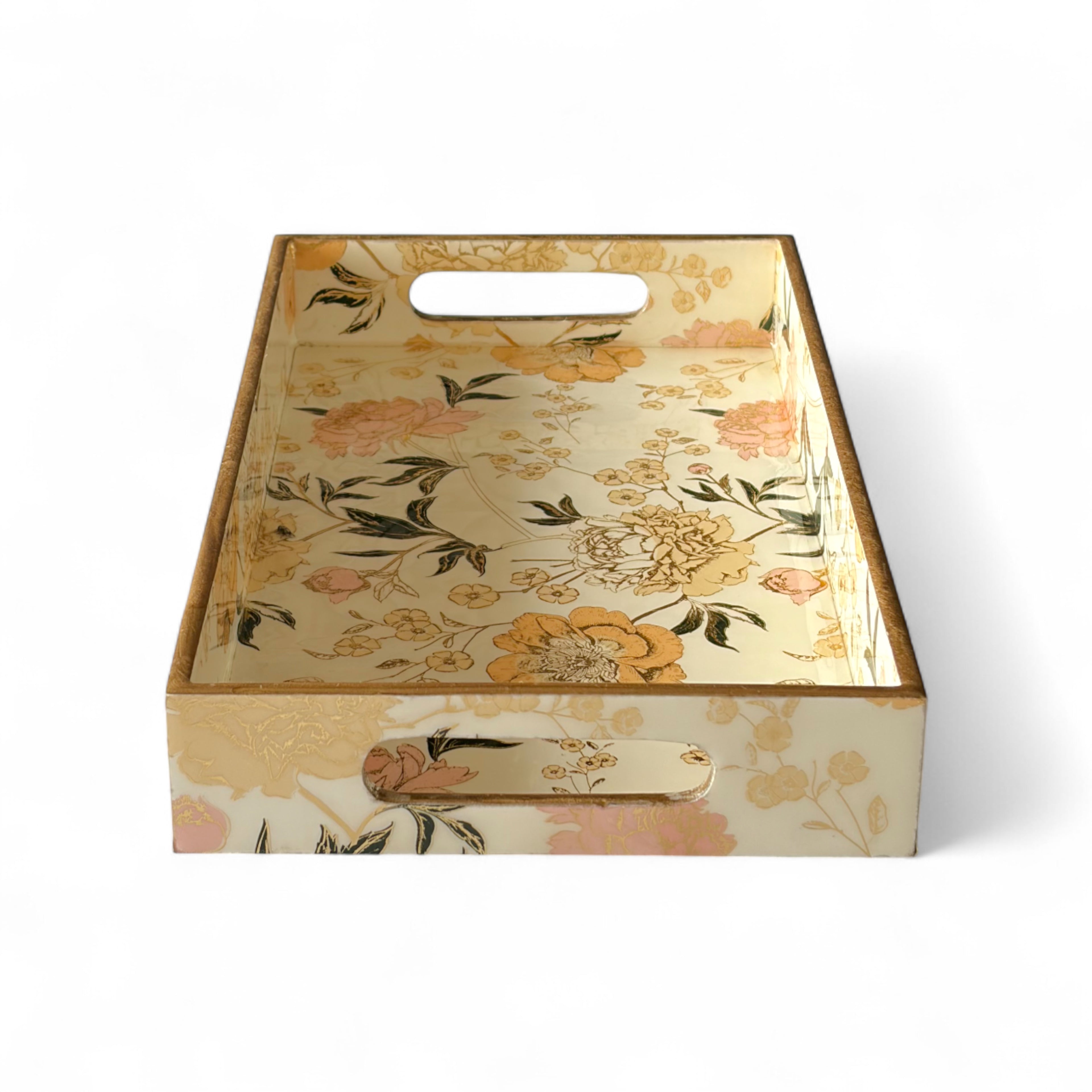 Elegant Floral Charm Tray Set, Gold Trim, Cream with Botanical Pattern, 40x25x5cm, Kitchen Counter Organization