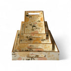 Elegant Floral Charm Tray Set, Gold Trim, Cream with Botanical Pattern, 40x25x5cm, Kitchen Counter Organization