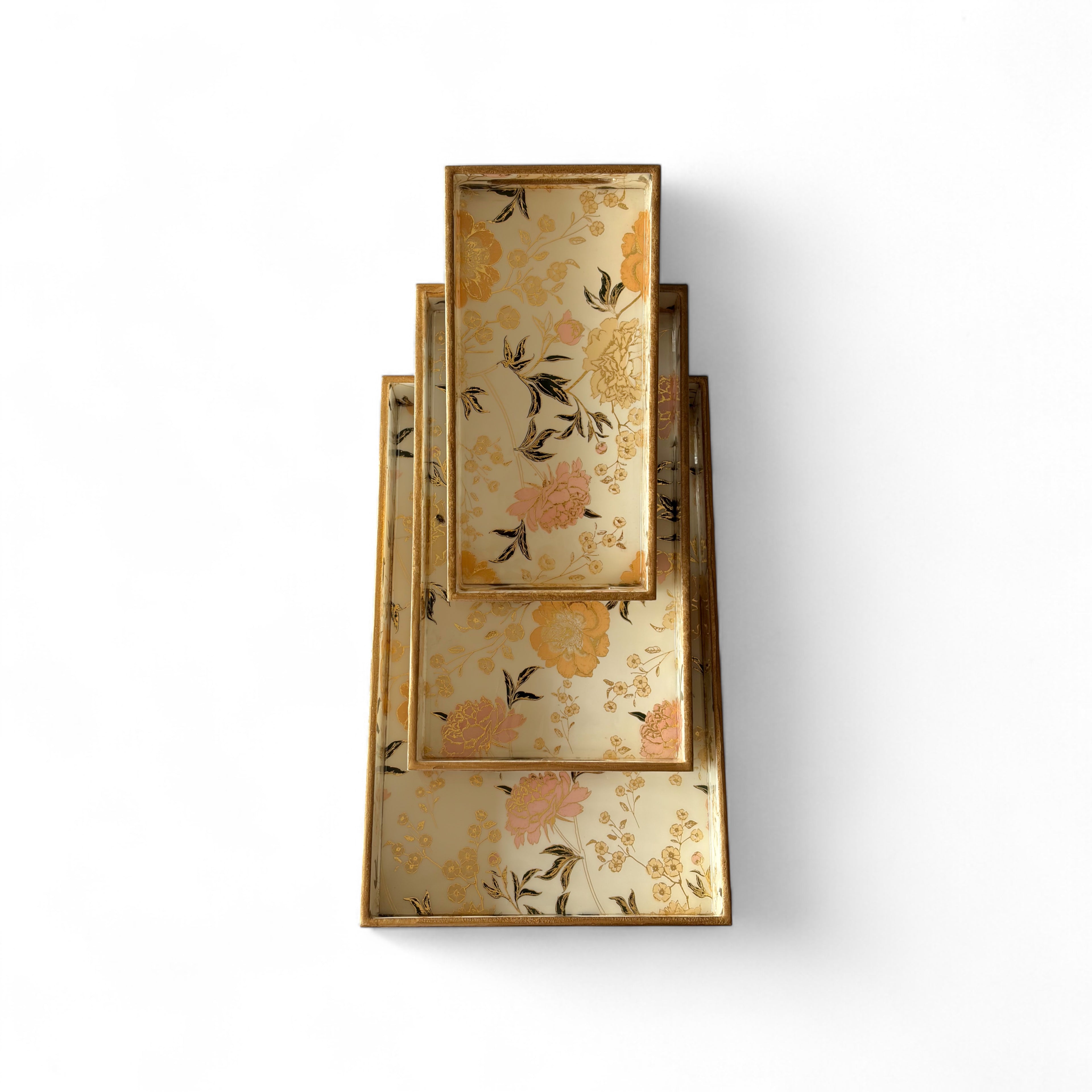 Elegant Floral Charm Tray Set, Gold Trim, Cream with Botanical Pattern, 40x25x5cm, Kitchen Counter Organization