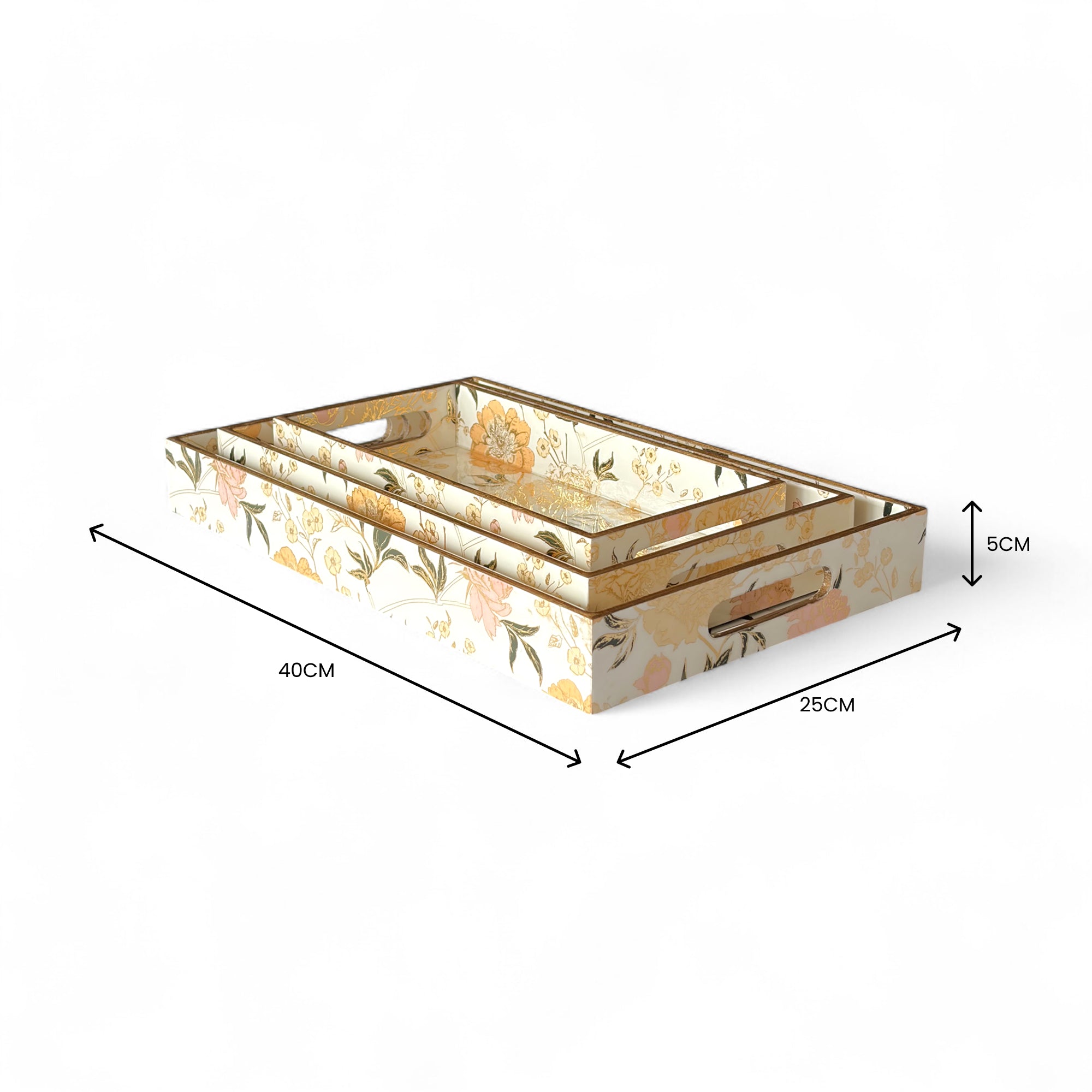 Elegant Floral Charm Tray Set, Gold Trim, Cream with Botanical Pattern, 40x25x5cm, Kitchen Counter Organization