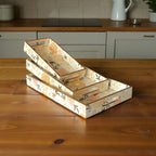 Elegant Floral Charm Tray Set, Gold Trim, Cream with Botanical Pattern, 40x25x5cm, Kitchen Counter Organization