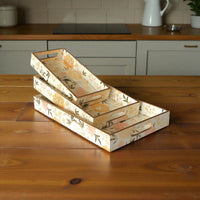 Elegant Floral Charm Tray Set, Gold Trim, Cream with Botanical Pattern, 40x25x5cm, Kitchen Counter Organization