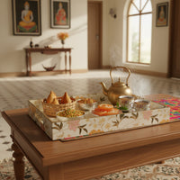 Elegant Floral Charm Tray Set, Gold Trim, Cream with Botanical Pattern, 40x25x5cm, Kitchen Counter Organization